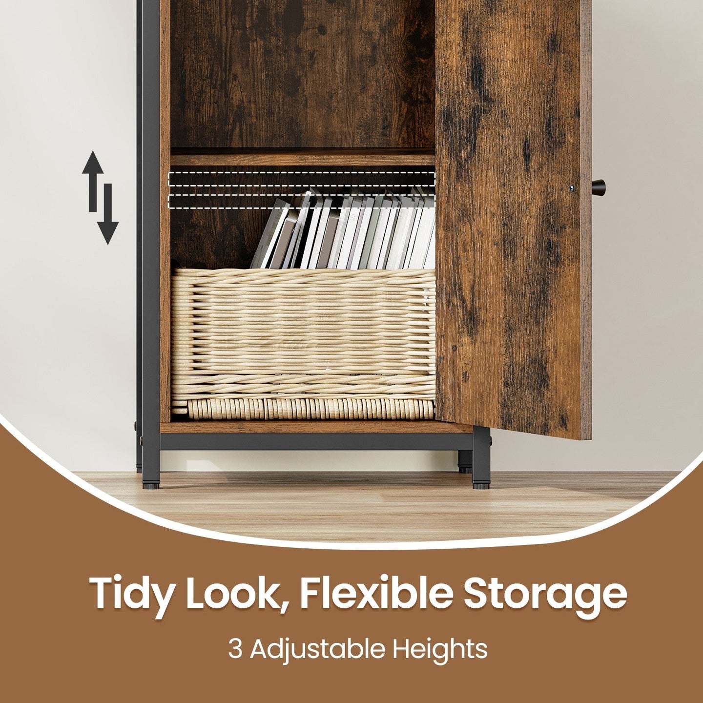 6-Tier Shelving Unit - Metal - Brown and Black - Adjustable Shelves with Cabinet