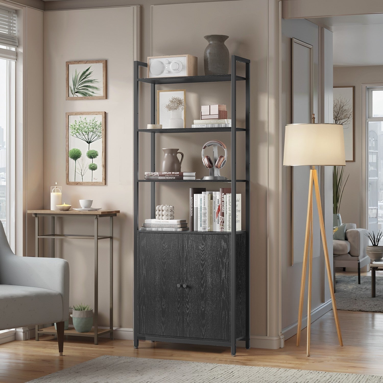 Tall Bookshelf - Metal - Ebony Black - 6-Tier Design with Door and Adjustable Shelves