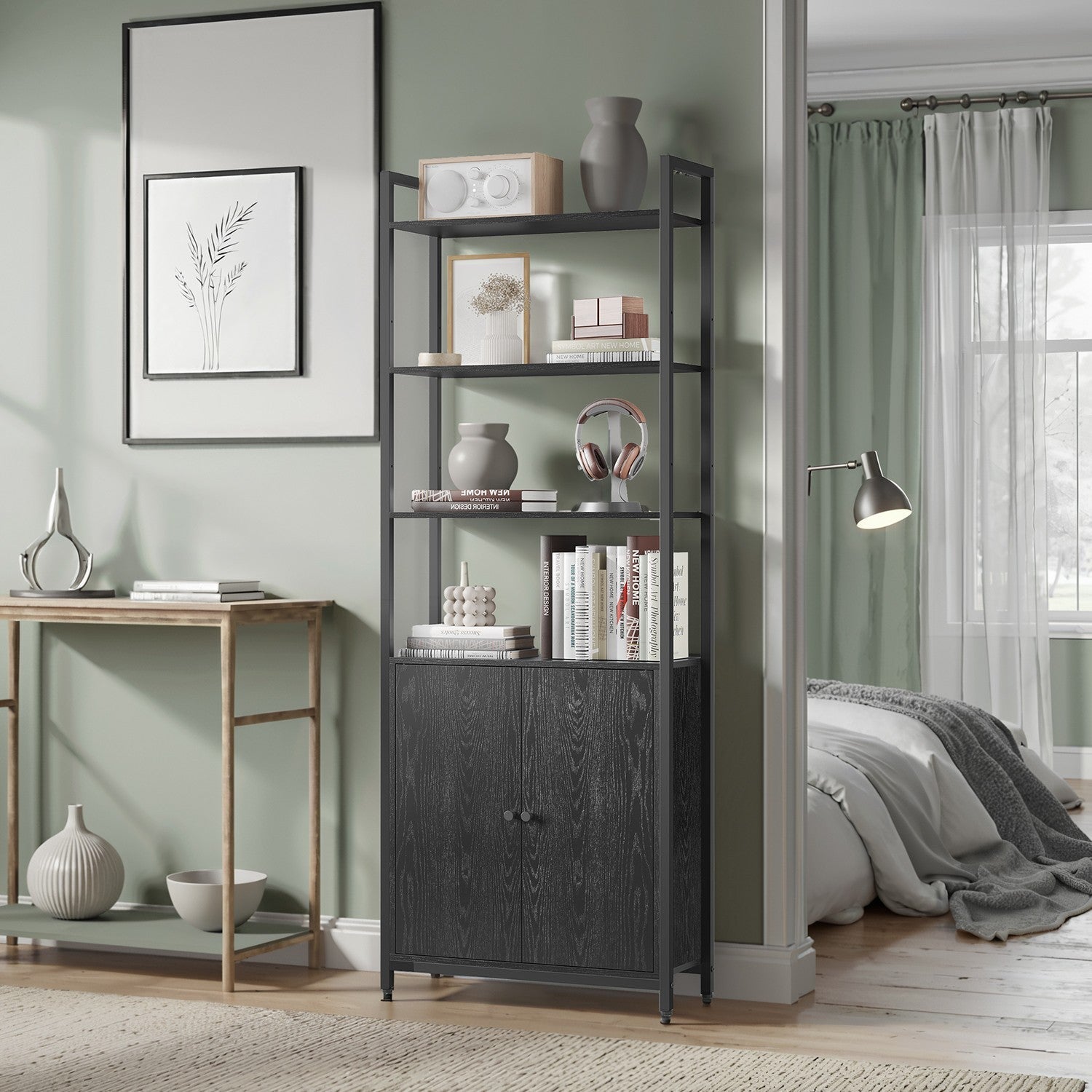Tall Bookshelf - Metal - Ebony Black - 6-Tier Design with Door and Adjustable Shelves