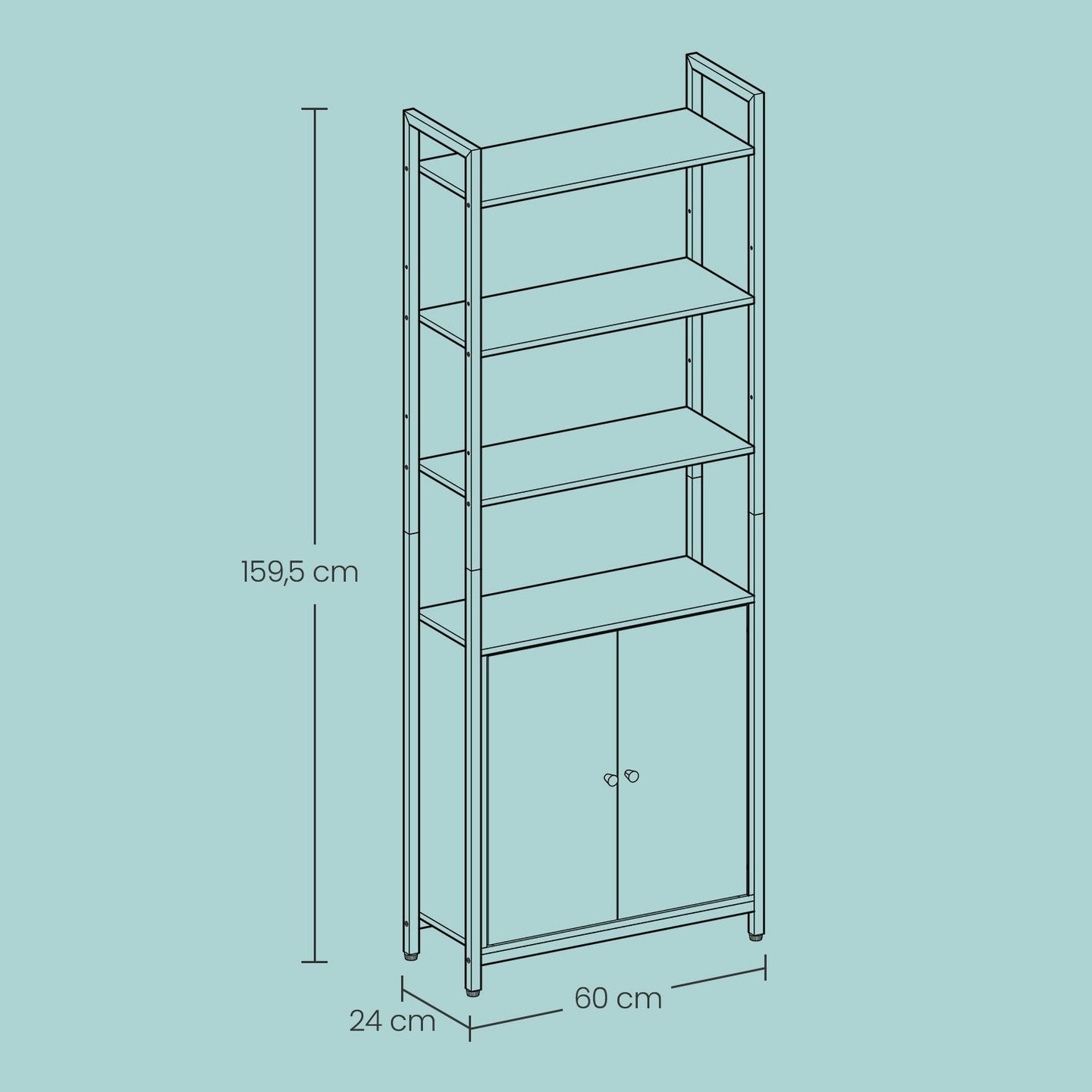Tall Bookshelf - Metal - Ebony Black - 6-Tier Design with Door and Adjustable Shelves