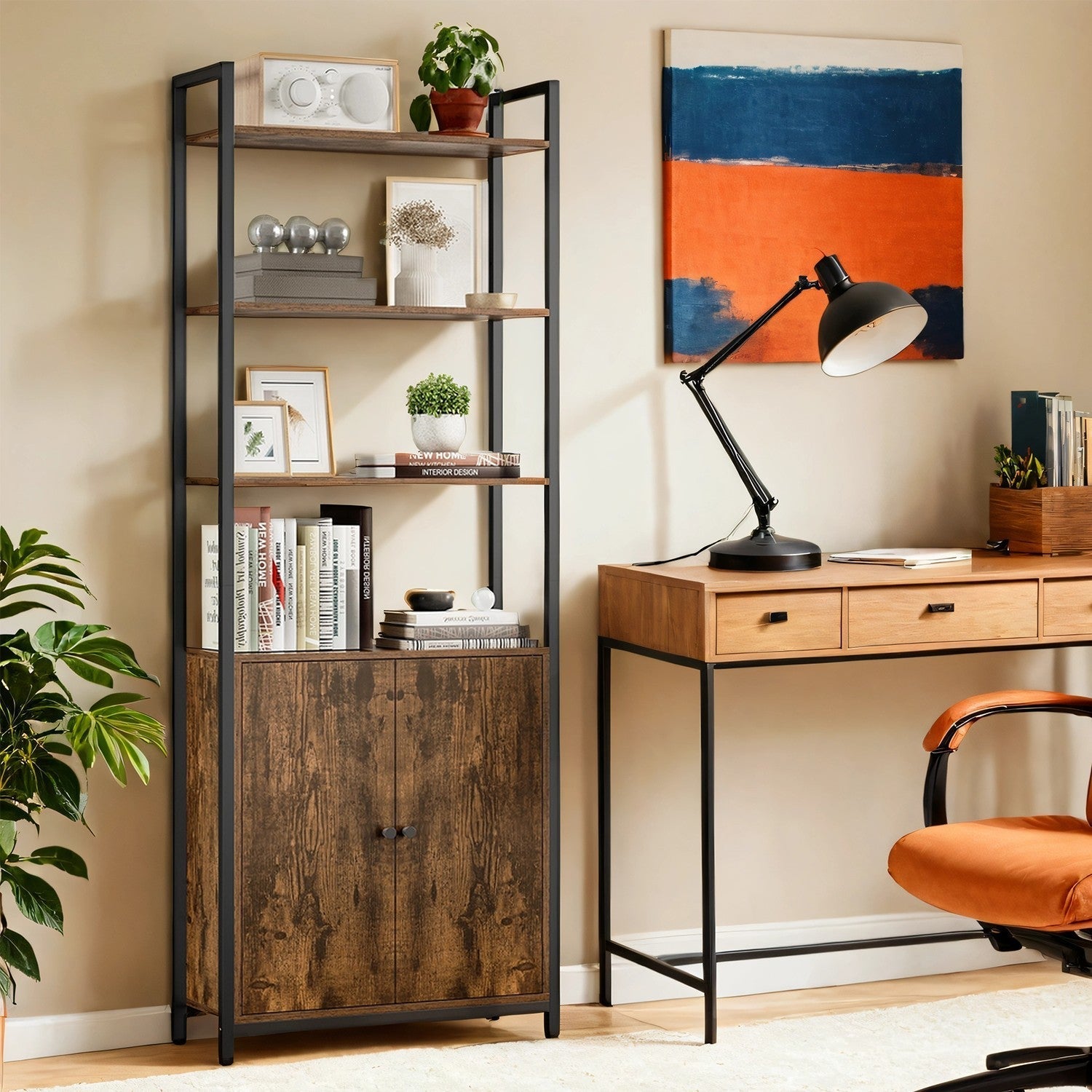 Tall Bookshelf - Metal - Ebony Black - 6-Tier Design with Door and Adjustable Shelves