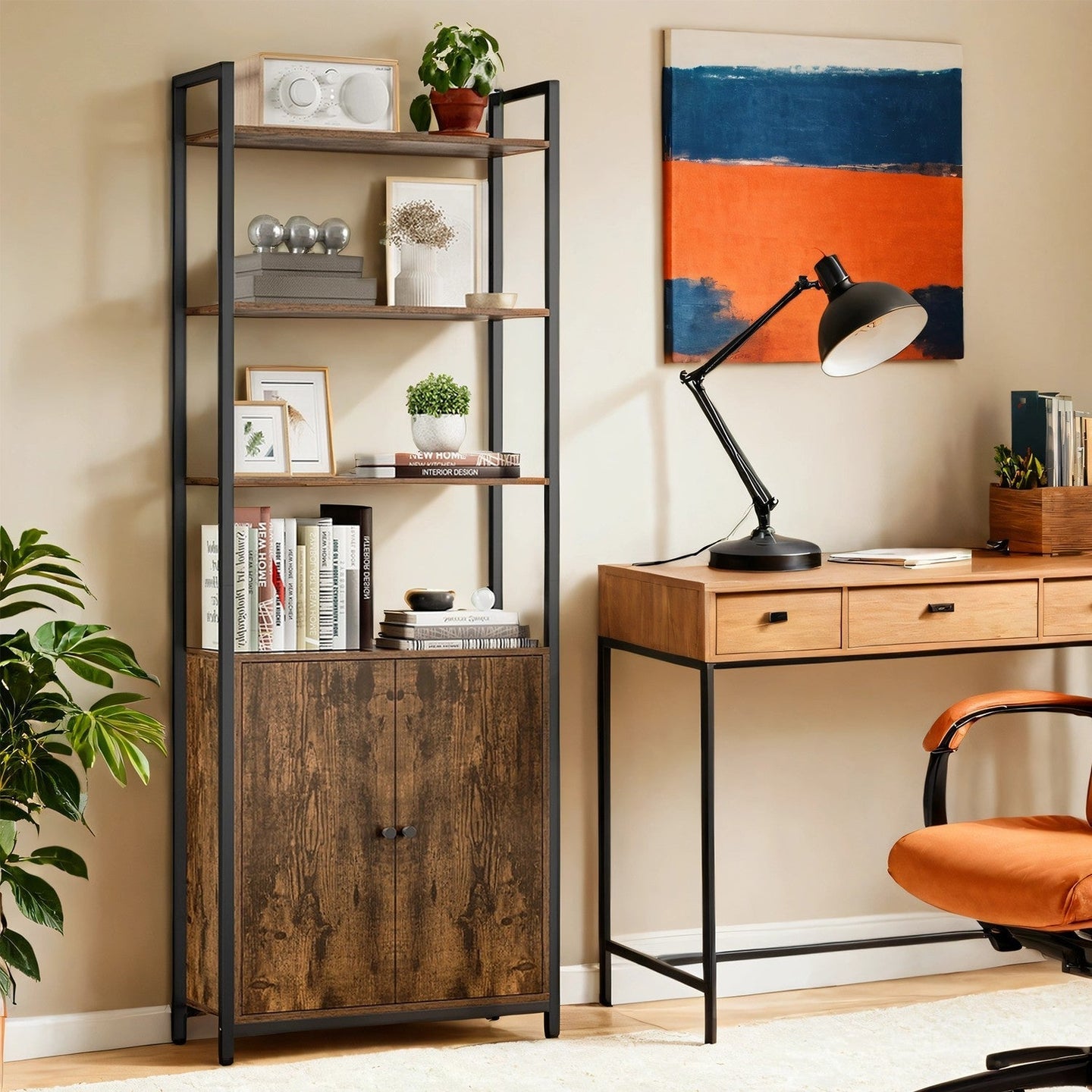 Tall Bookshelf - Metal - Ebony Black - 6-Tier Design with Door and Adjustable Shelves