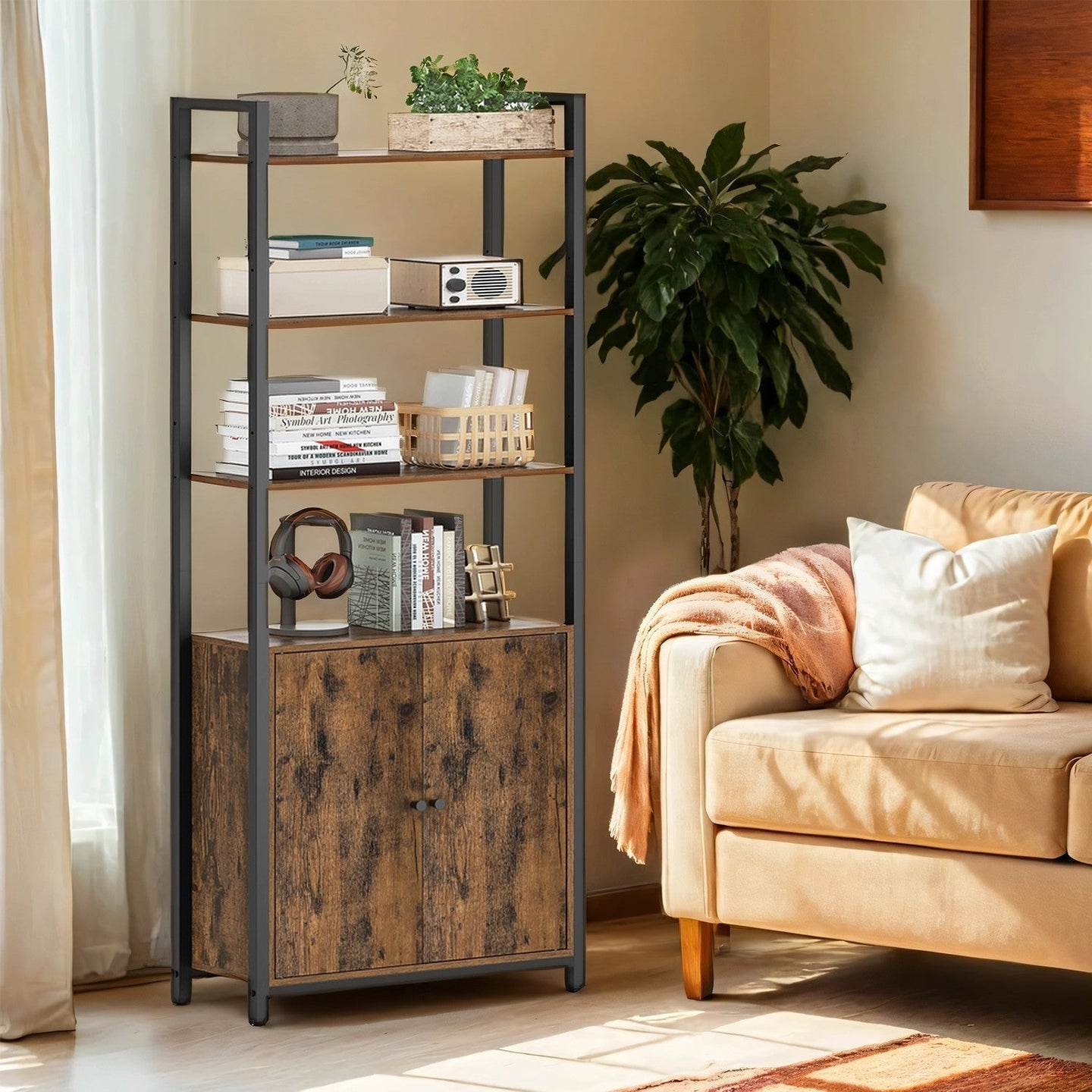 Tall Bookshelf - Metal - Ebony Black - 6-Tier Design with Door and Adjustable Shelves