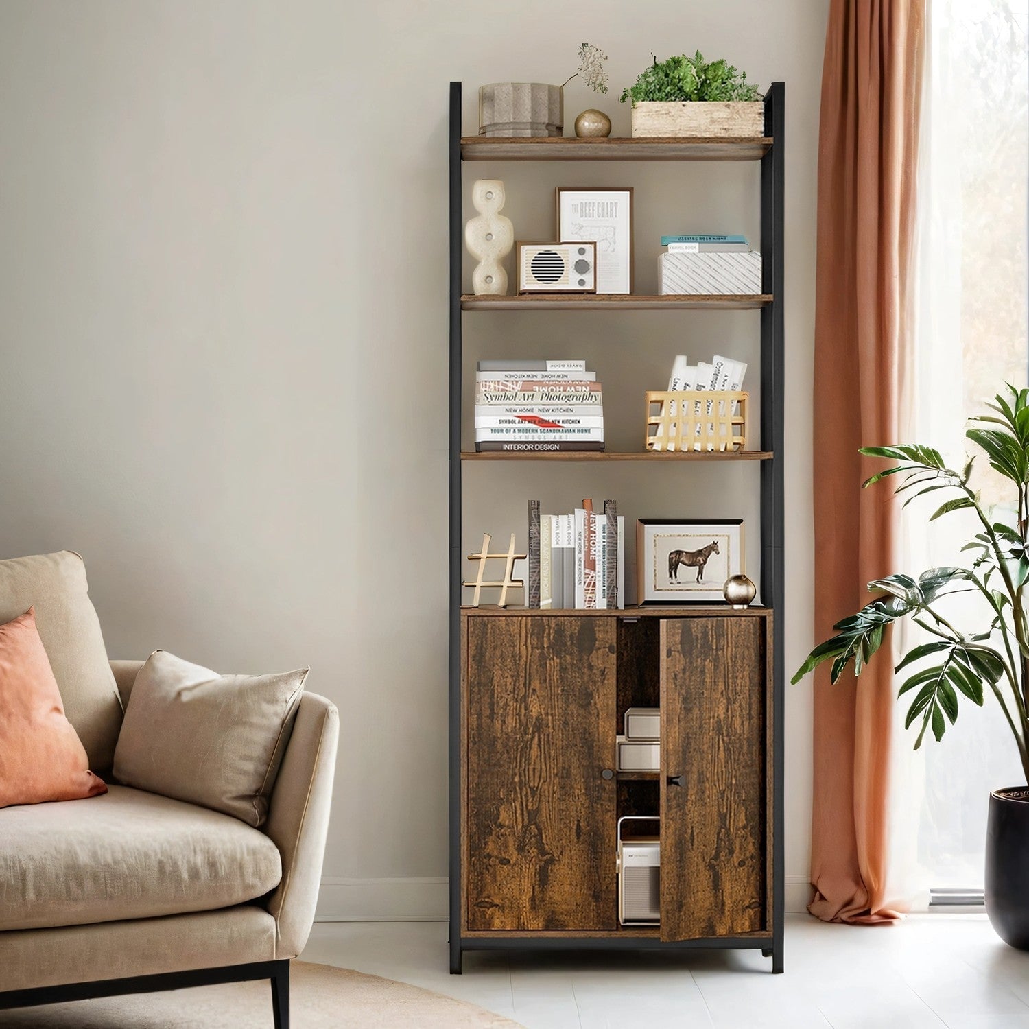 Tall Bookshelf - Metal - Ebony Black - 6-Tier Design with Door and Adjustable Shelves