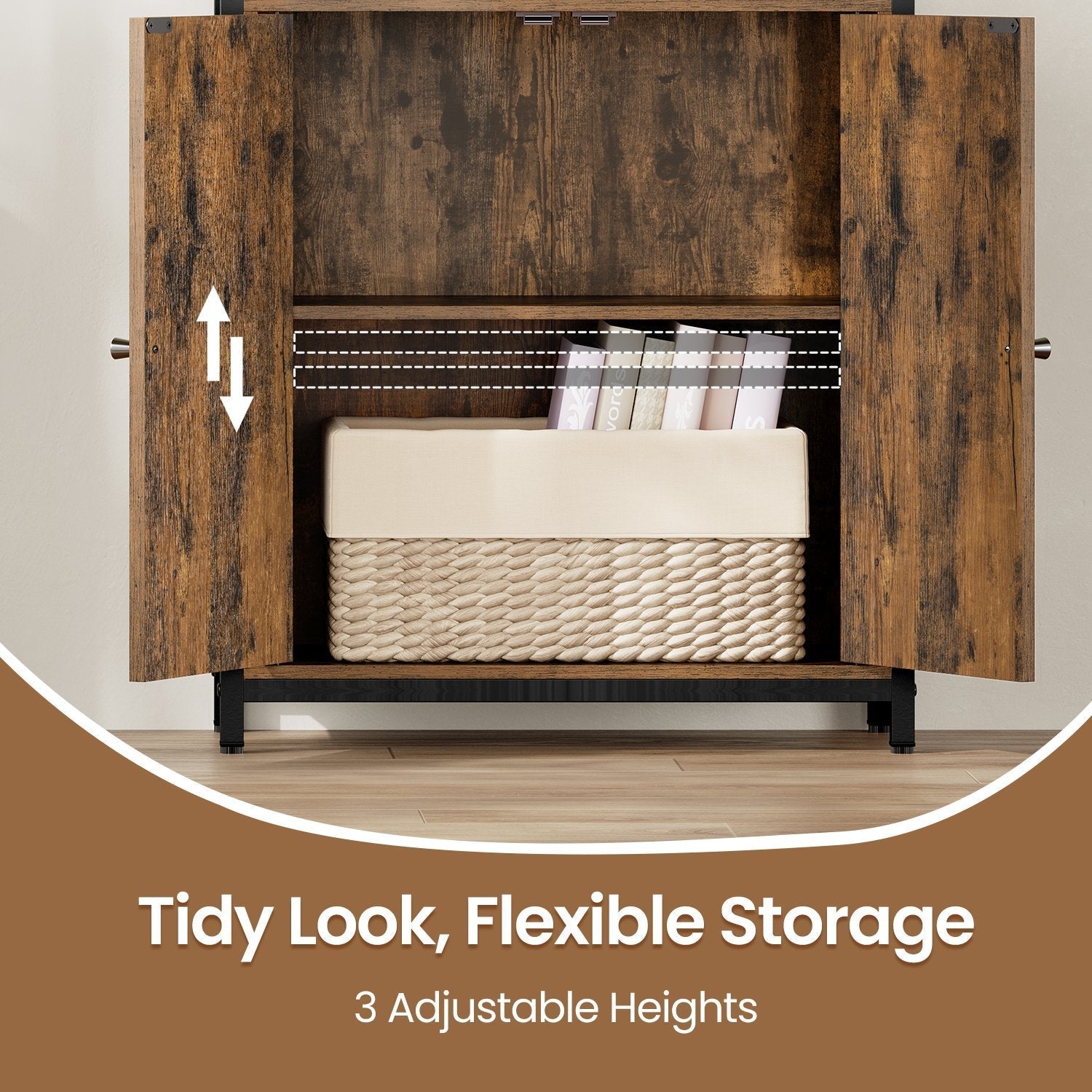 Tall Bookshelf - Metal - Ebony Black - 6-Tier Design with Door and Adjustable Shelves