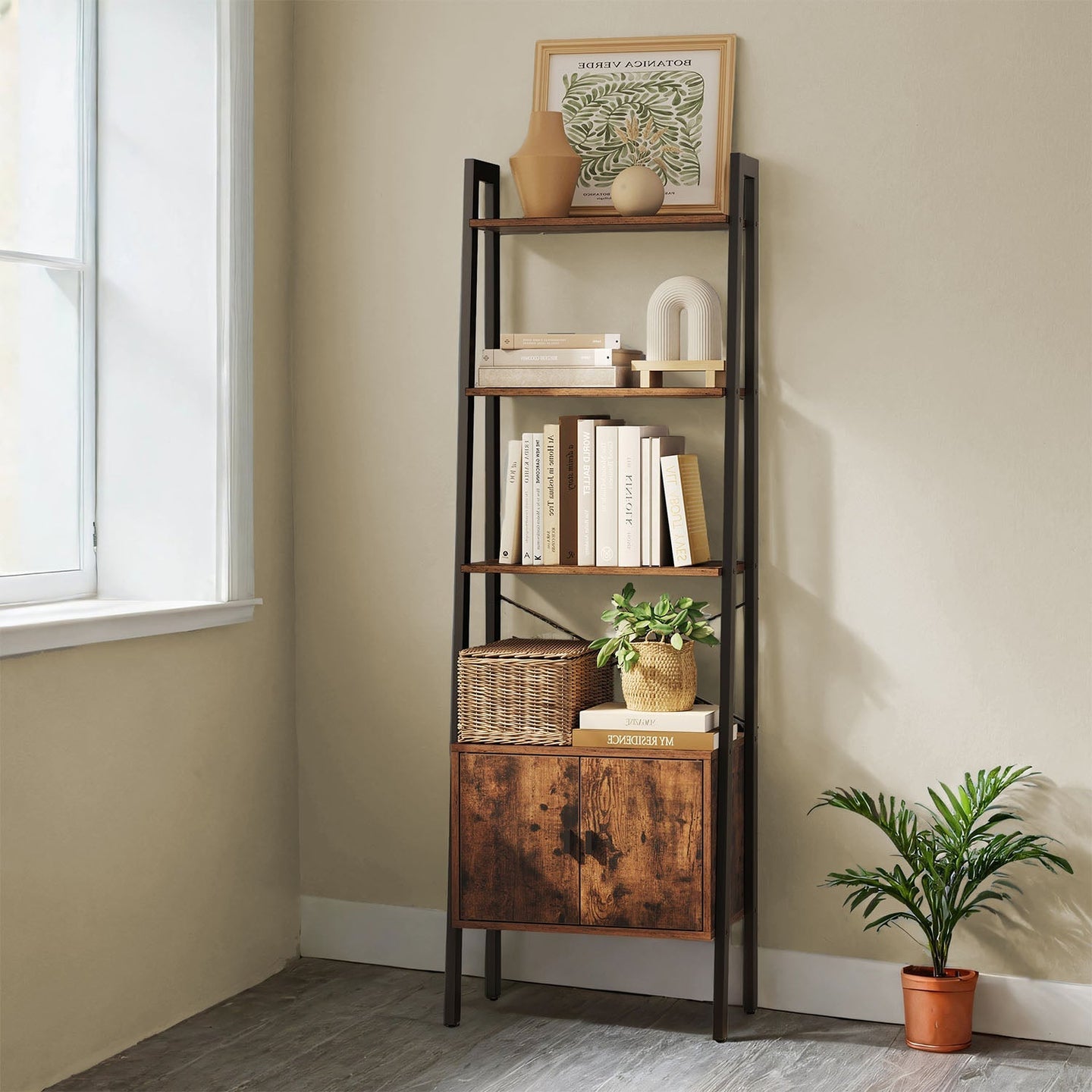Bookcase with Cabinet - 4-Tier Industrial Design - Metal - Rustic Brown