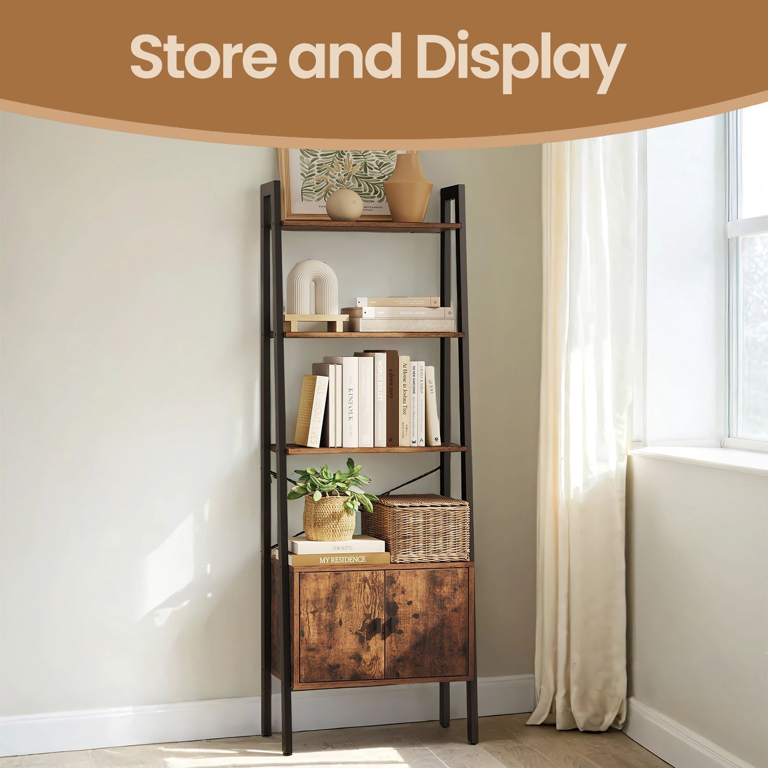 Bookcase with Cabinet - 4-Tier Industrial Design - Metal - Rustic Brown