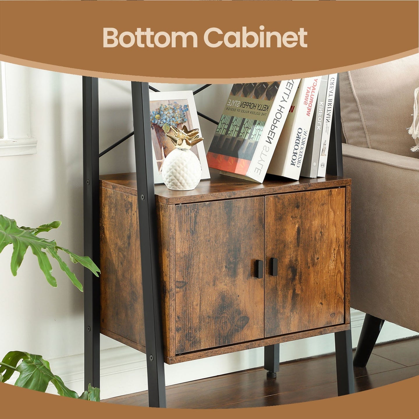 Bookcase with Cabinet - 4-Tier Industrial Design - Metal - Rustic Brown