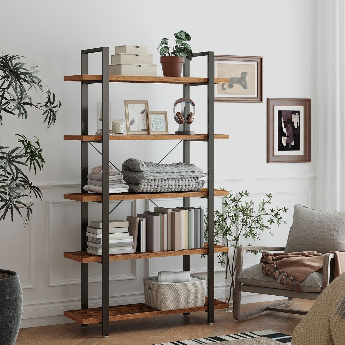 5-Tier Storage Shelf - Wood - Rustic Brown and Black