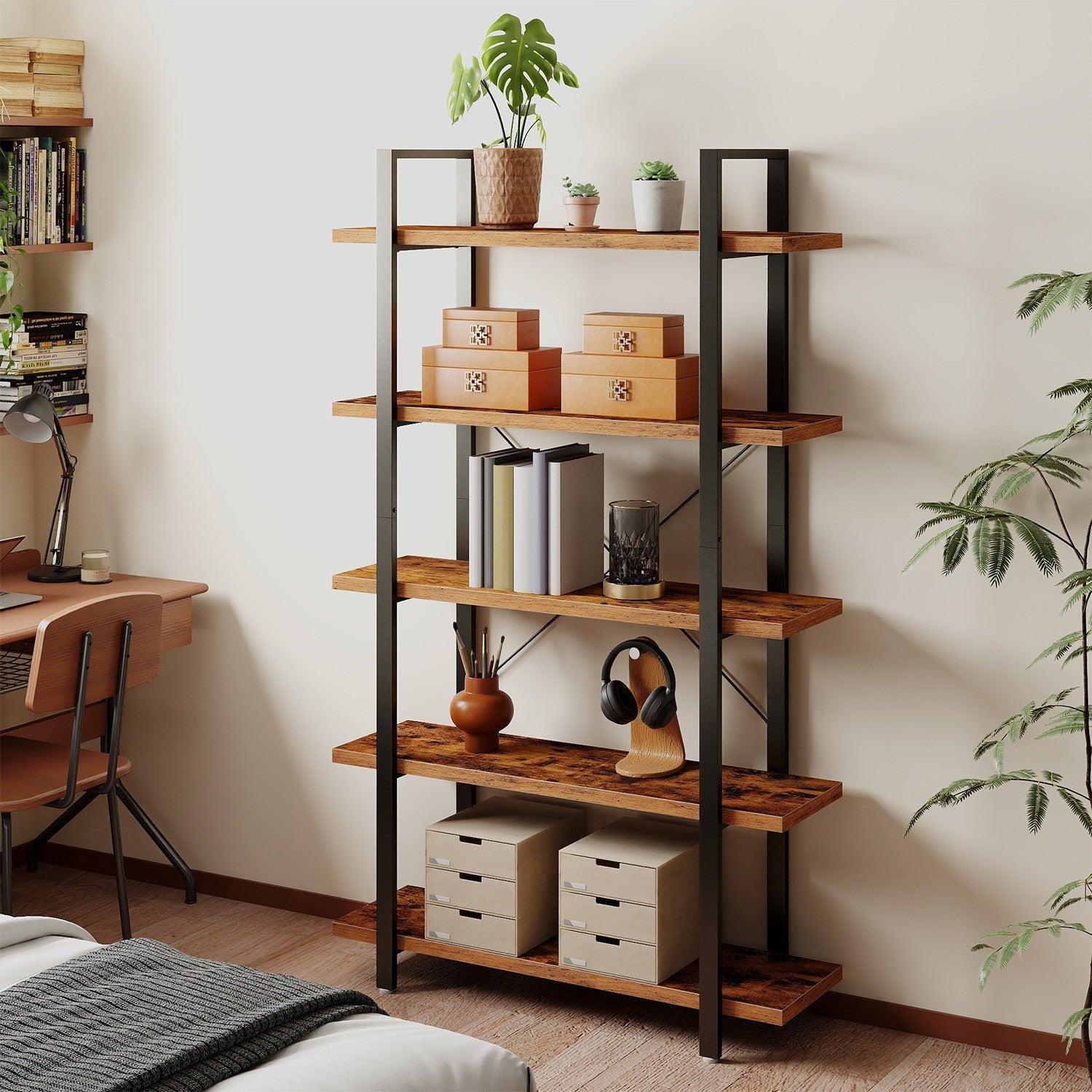 5-Tier Storage Shelf - Wood - Rustic Brown and Black