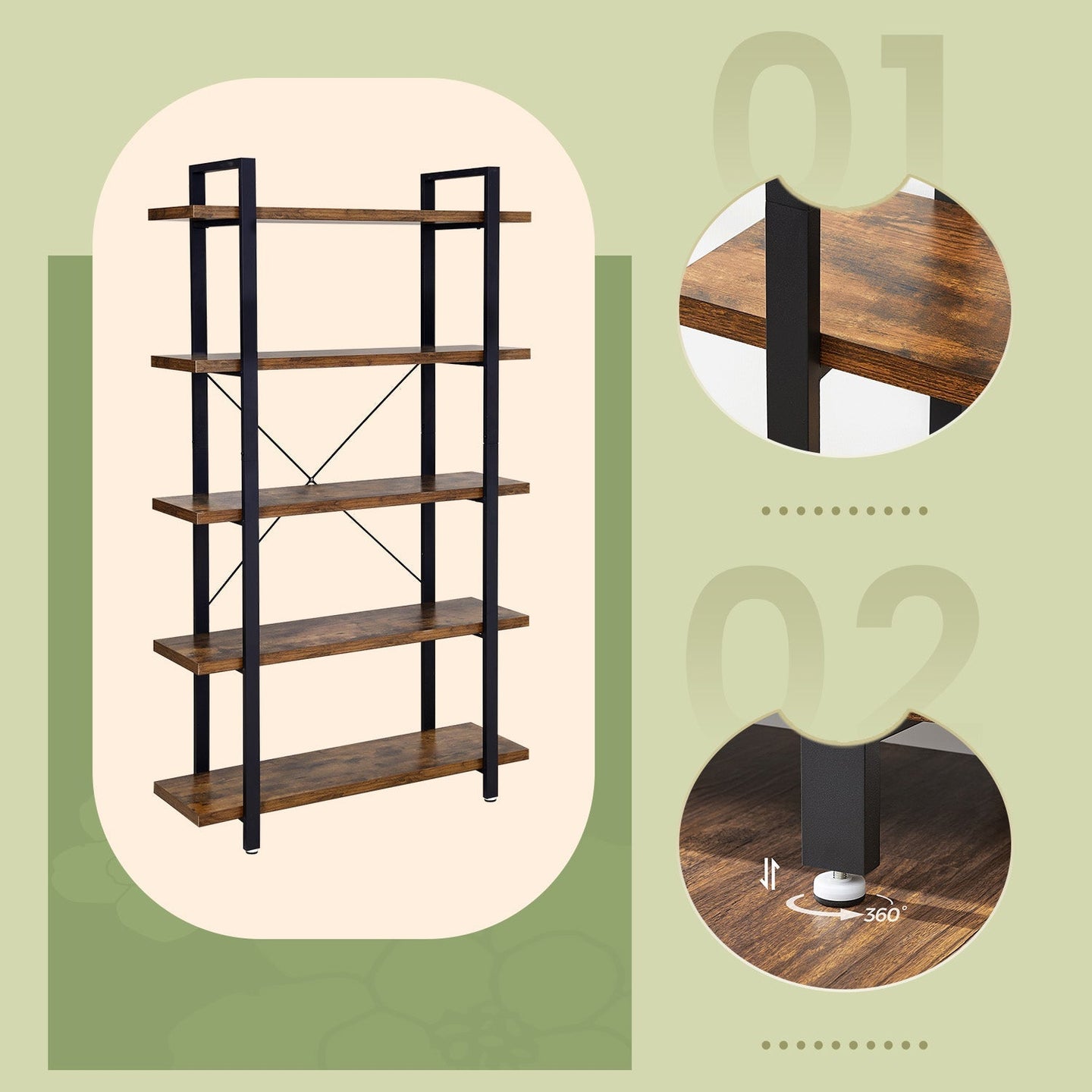 5-Tier Storage Shelf - Wood - Rustic Brown and Black