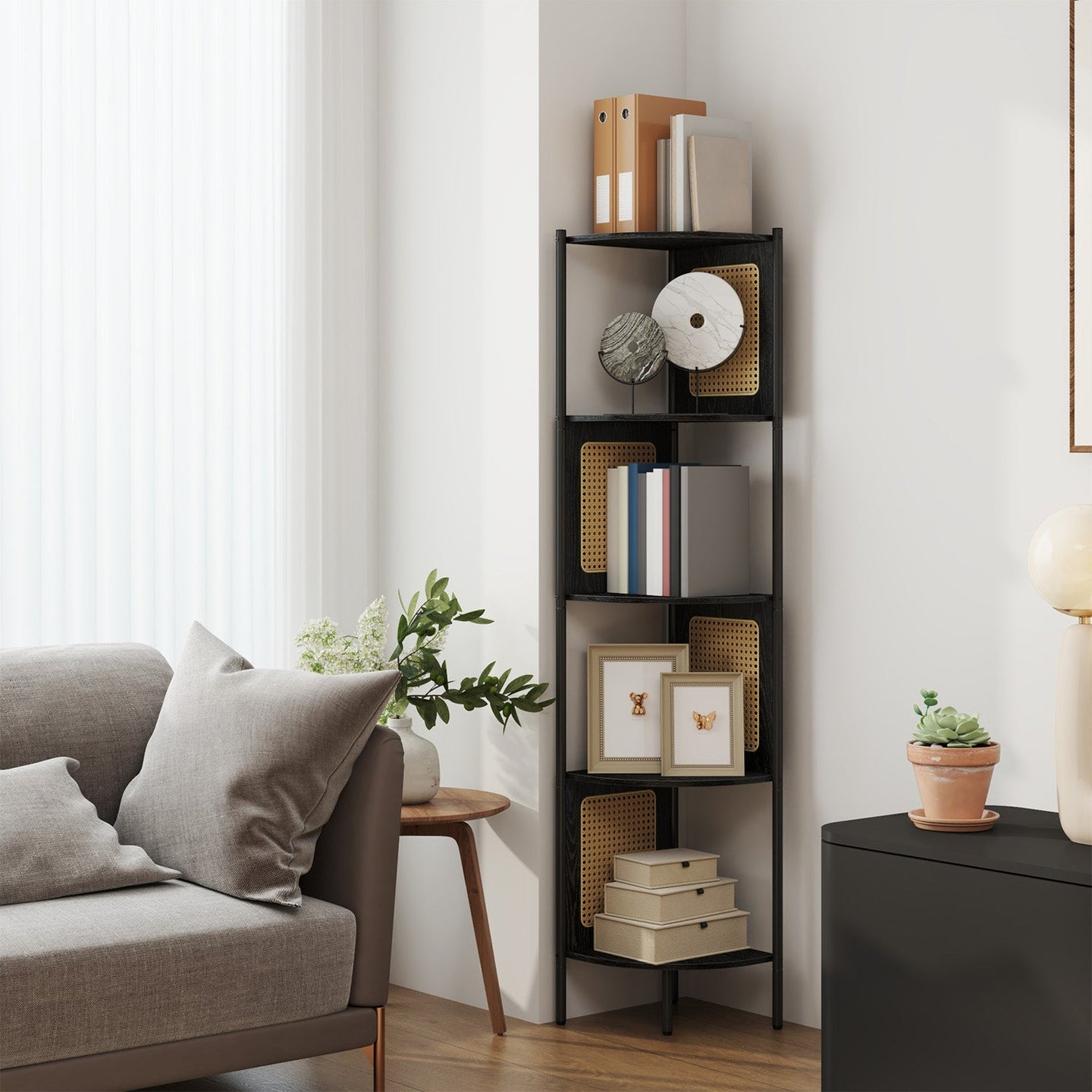 5-Tier Corner Bookshelf - Metal - Rattan Effect