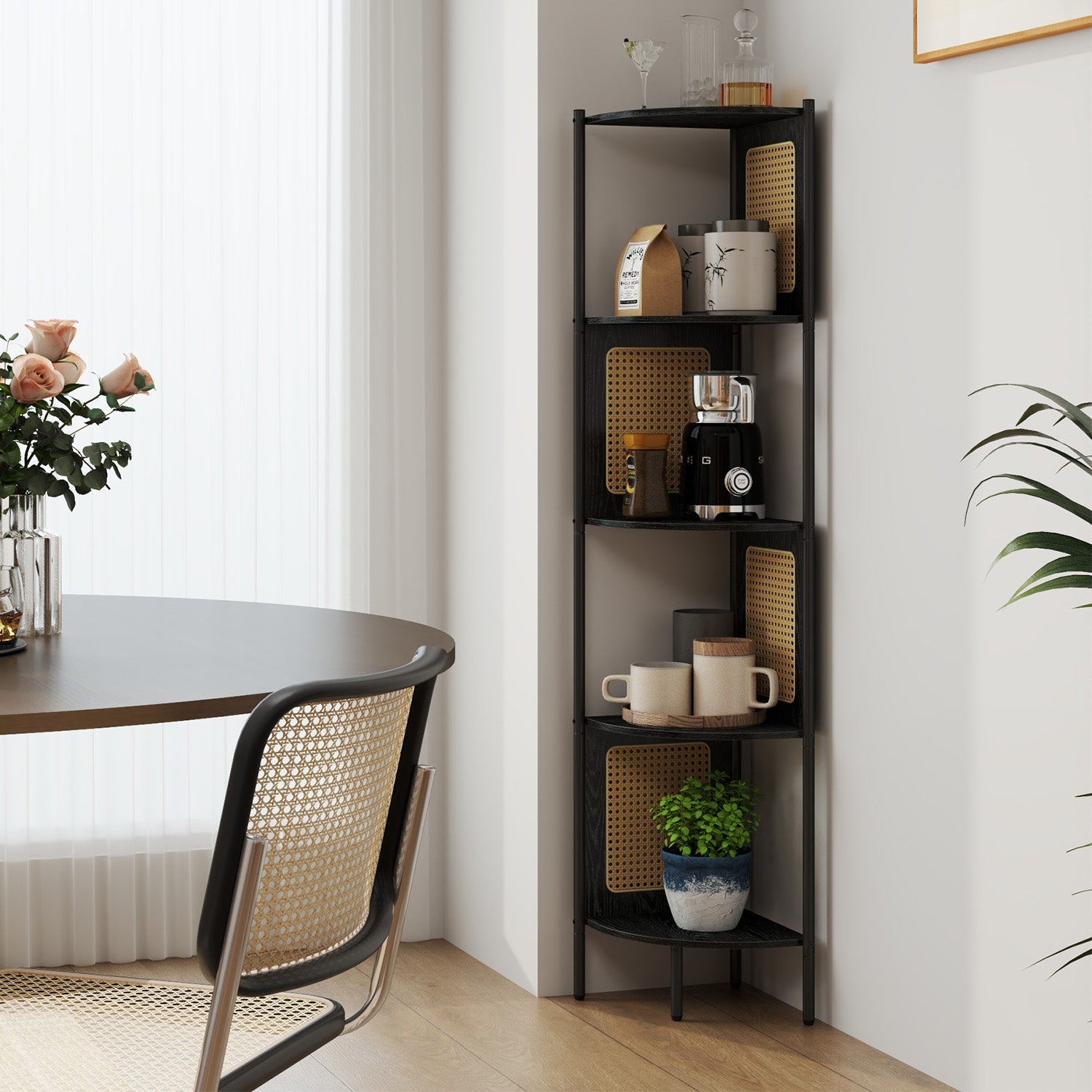 5-Tier Corner Bookshelf - Metal - Rattan Effect