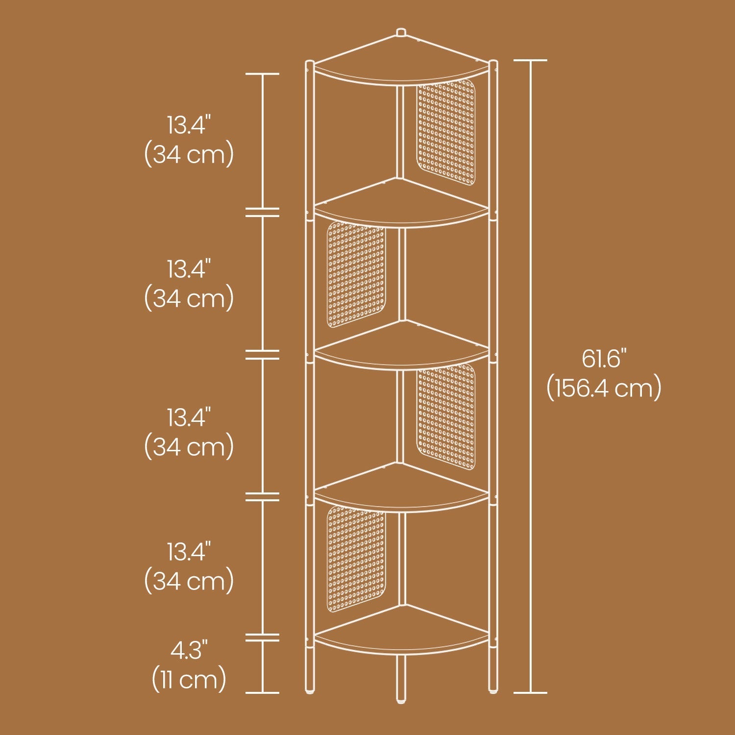 5-Tier Corner Bookshelf - Metal - Rattan Effect