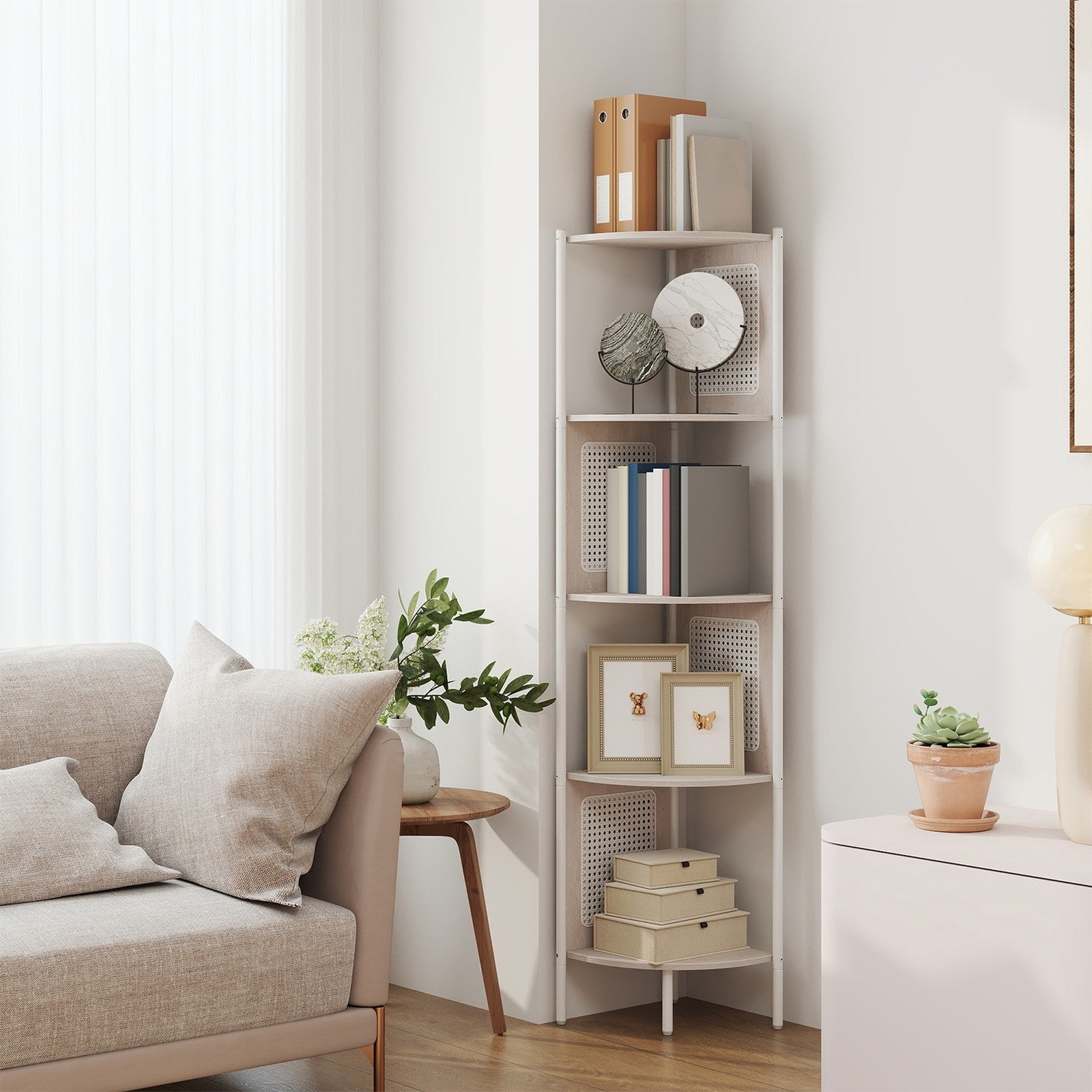 5-Tier Corner Bookshelf - Metal - Rattan Effect