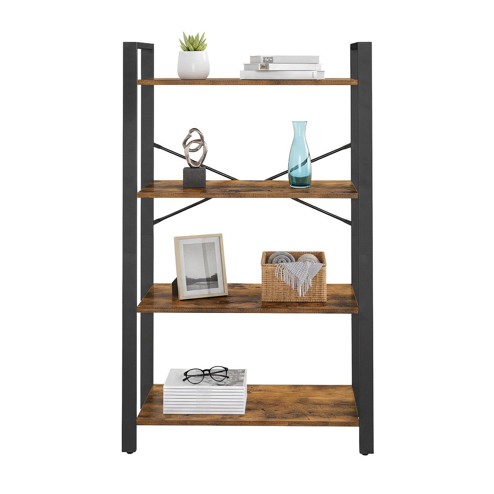 4-Tier Storage Shelf - Iron - Rustic Brown - Stable Design for Office and Living Room
