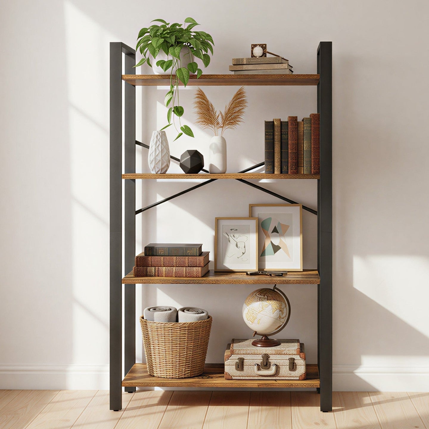 4-Tier Storage Shelf - Iron - Rustic Brown - Stable Design for Office and Living Room