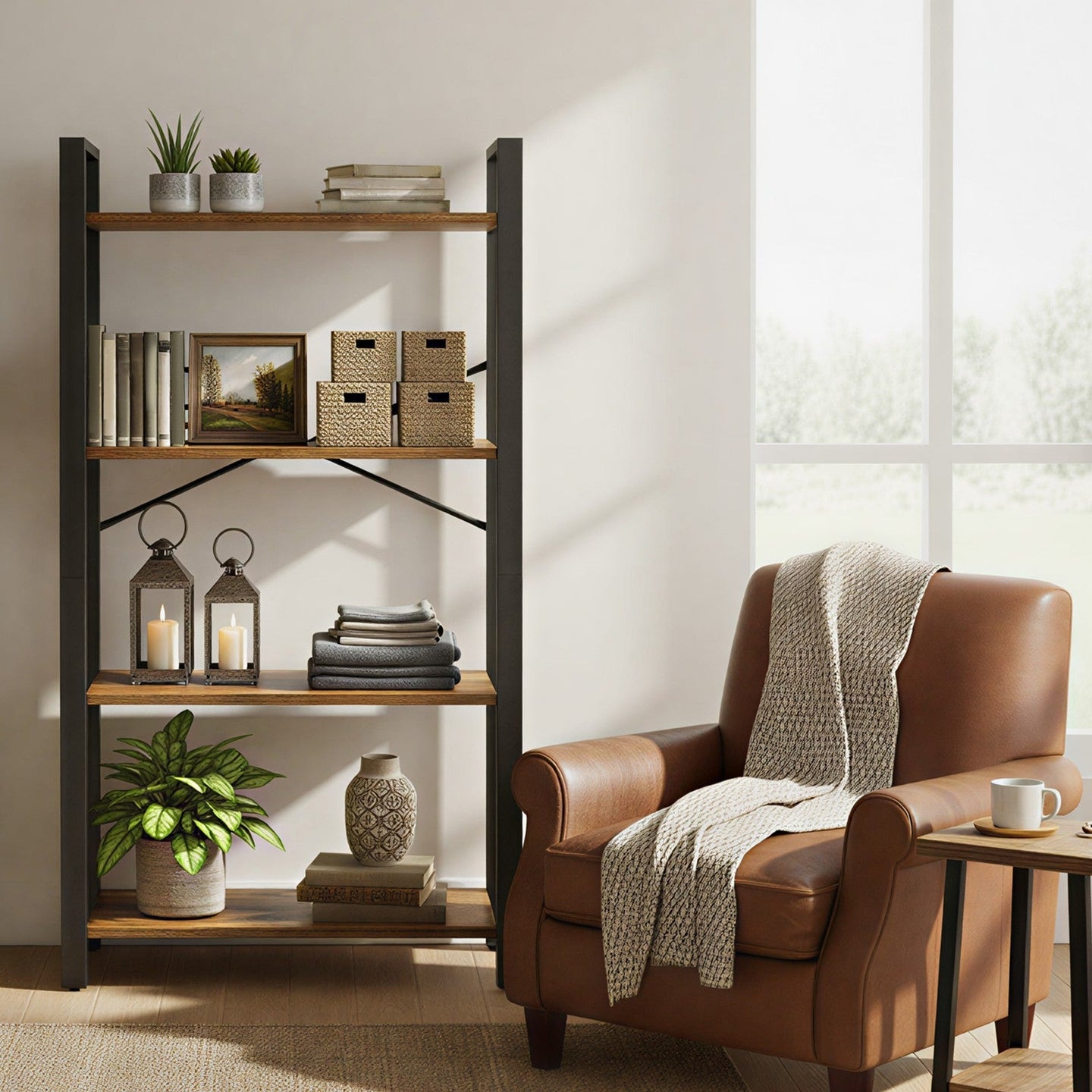 4-Tier Storage Shelf - Iron - Rustic Brown - Stable Design for Office and Living Room