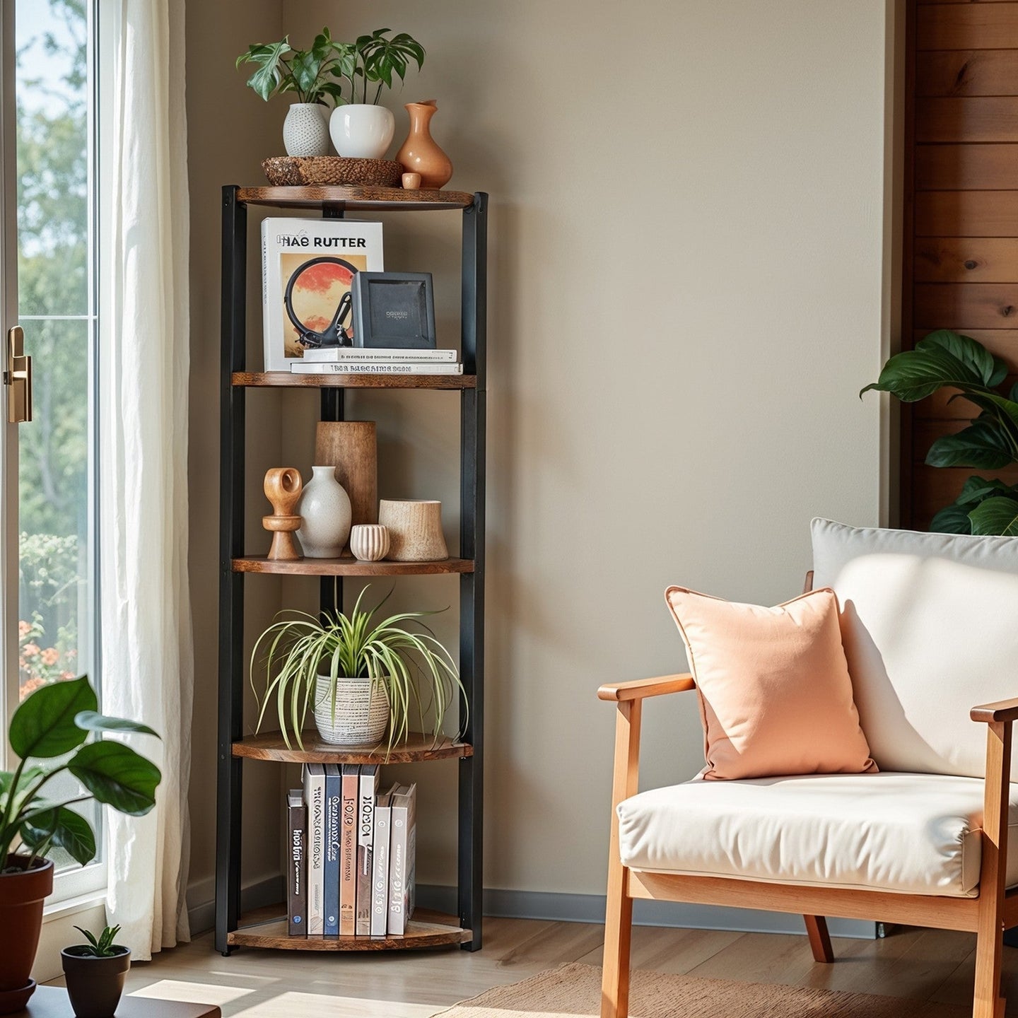 5-Tier Corner Bookcase - Engineered Wood - Rustic Brown and Black - Multipurpose Storage Unit