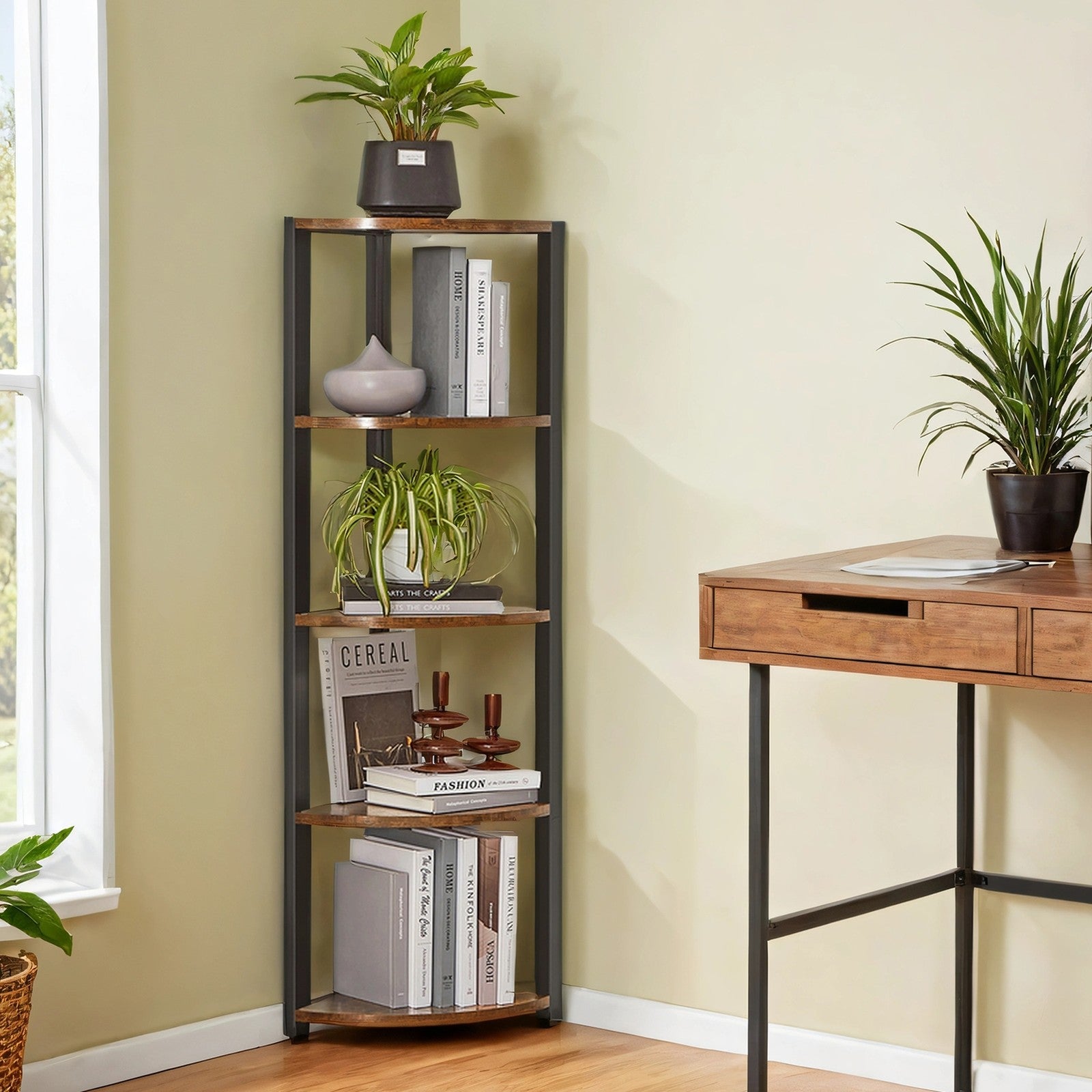 5-Tier Corner Bookcase - Engineered Wood - Rustic Brown and Black - Multipurpose Storage Unit