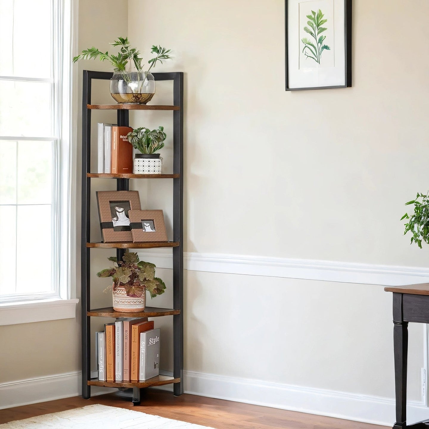 Corner Shelf Unit - Wood - Rustic Brown and Black - 5-Tier Multipurpose Storage