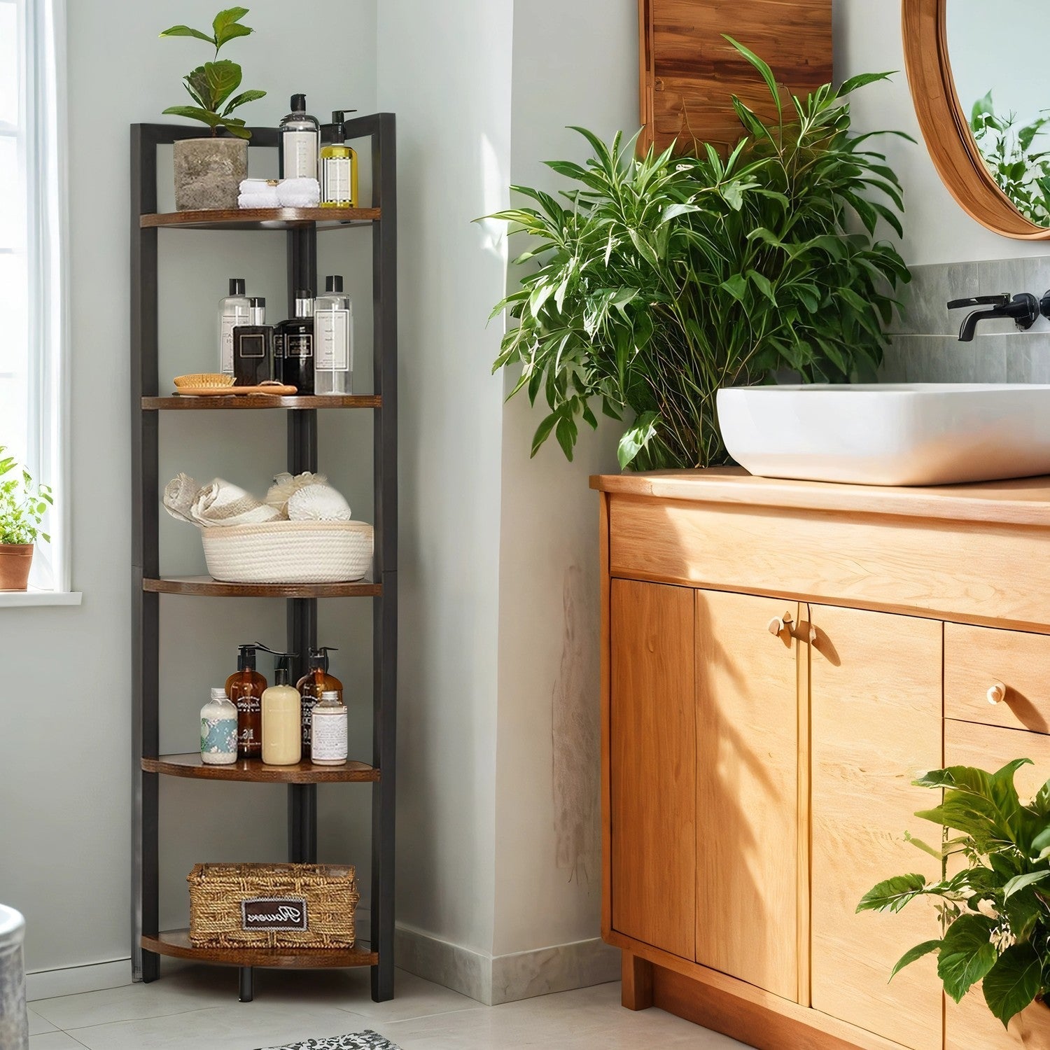 Corner Shelf Unit - Wood - Rustic Brown and Black - 5-Tier Multipurpose Storage
