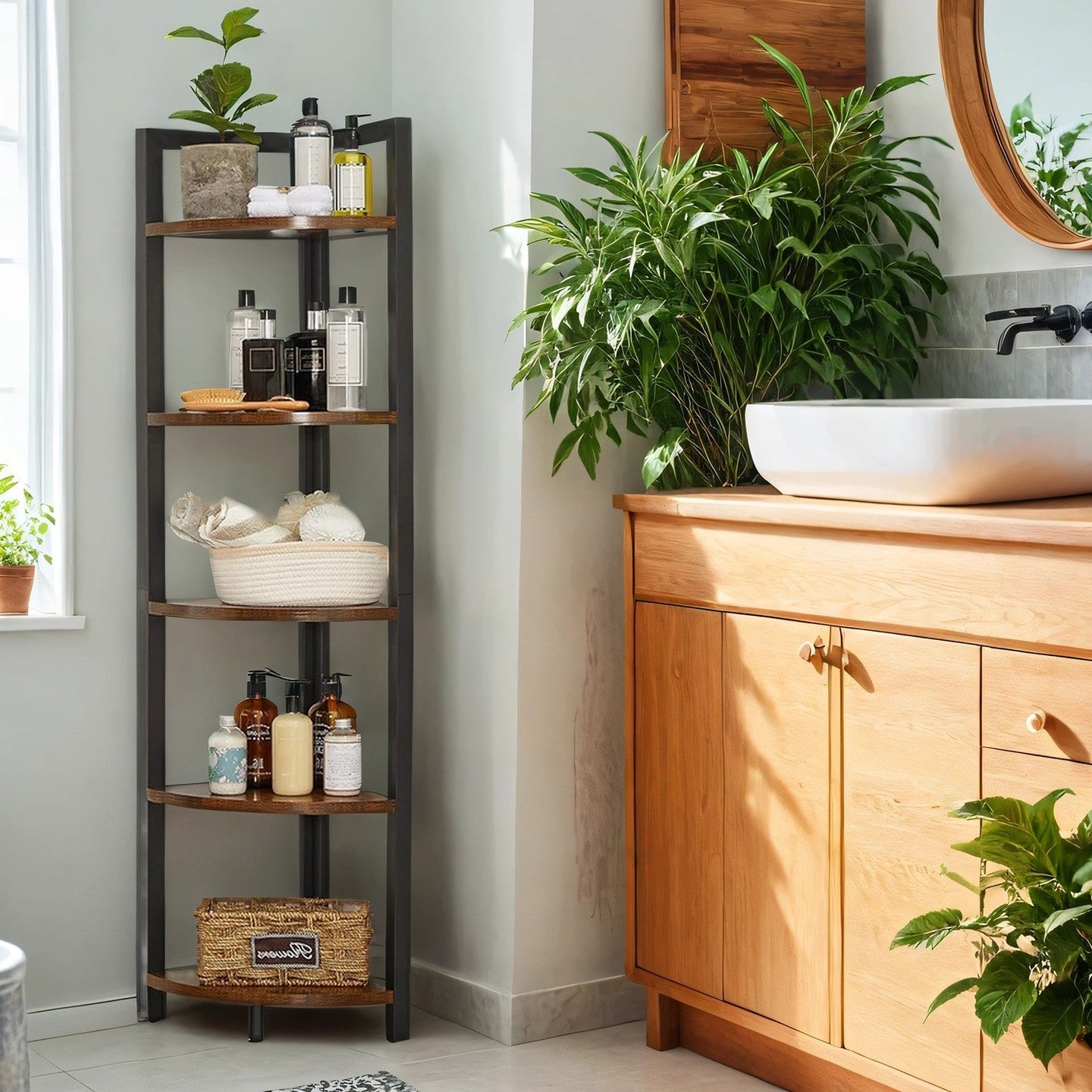 Corner Shelf Unit - Wood - Rustic Brown and Black - 5-Tier Multipurpose Storage