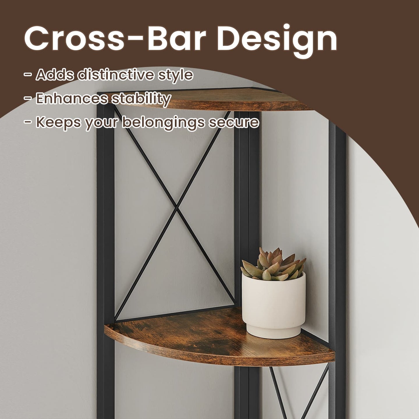 5-Tier Corner Shelf - Wood Metal - Rustic Brown and Black - Versatile Storage for Plants and Books