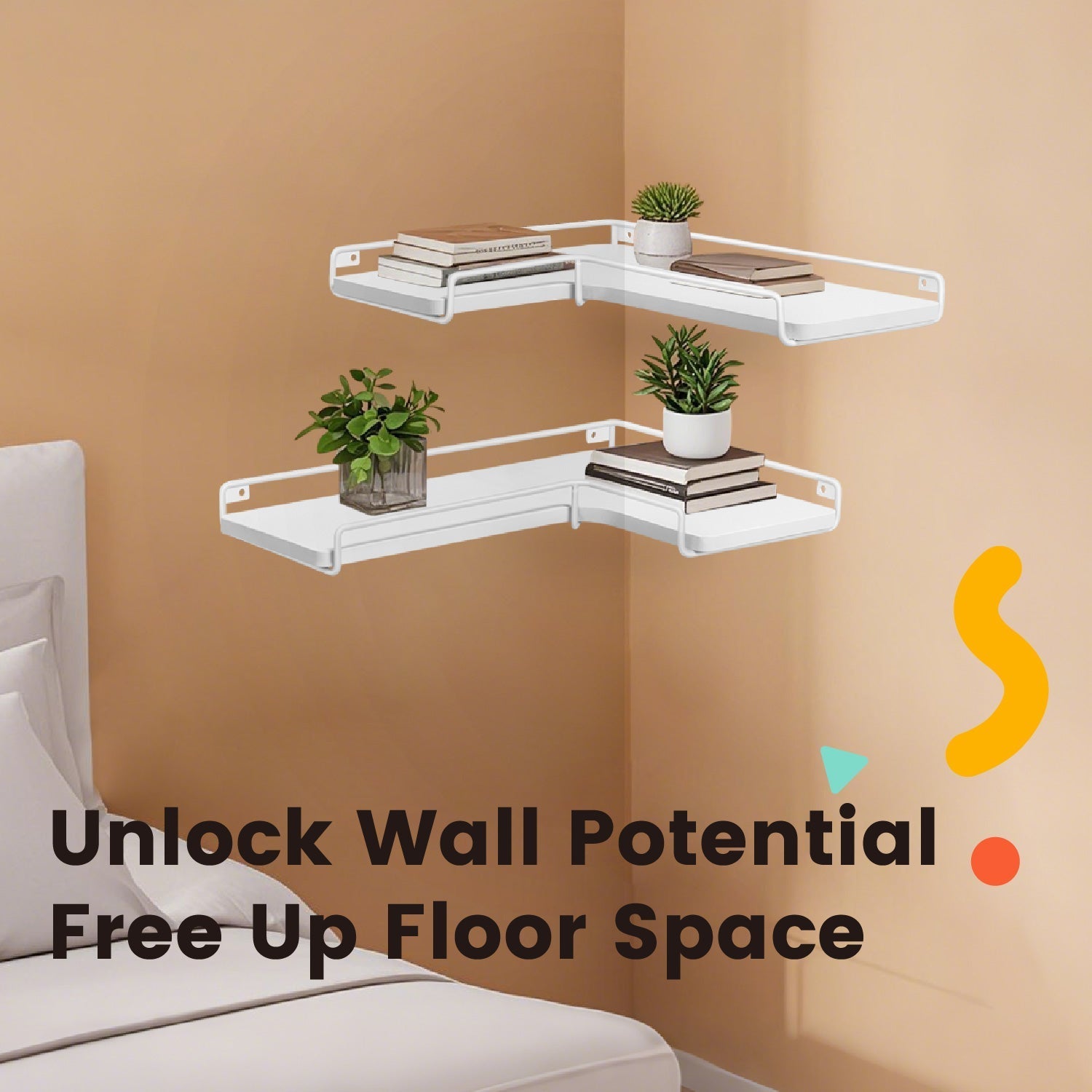 Set of 2 Floating L-Shaped Corner Shelves - Wood - Cloud White