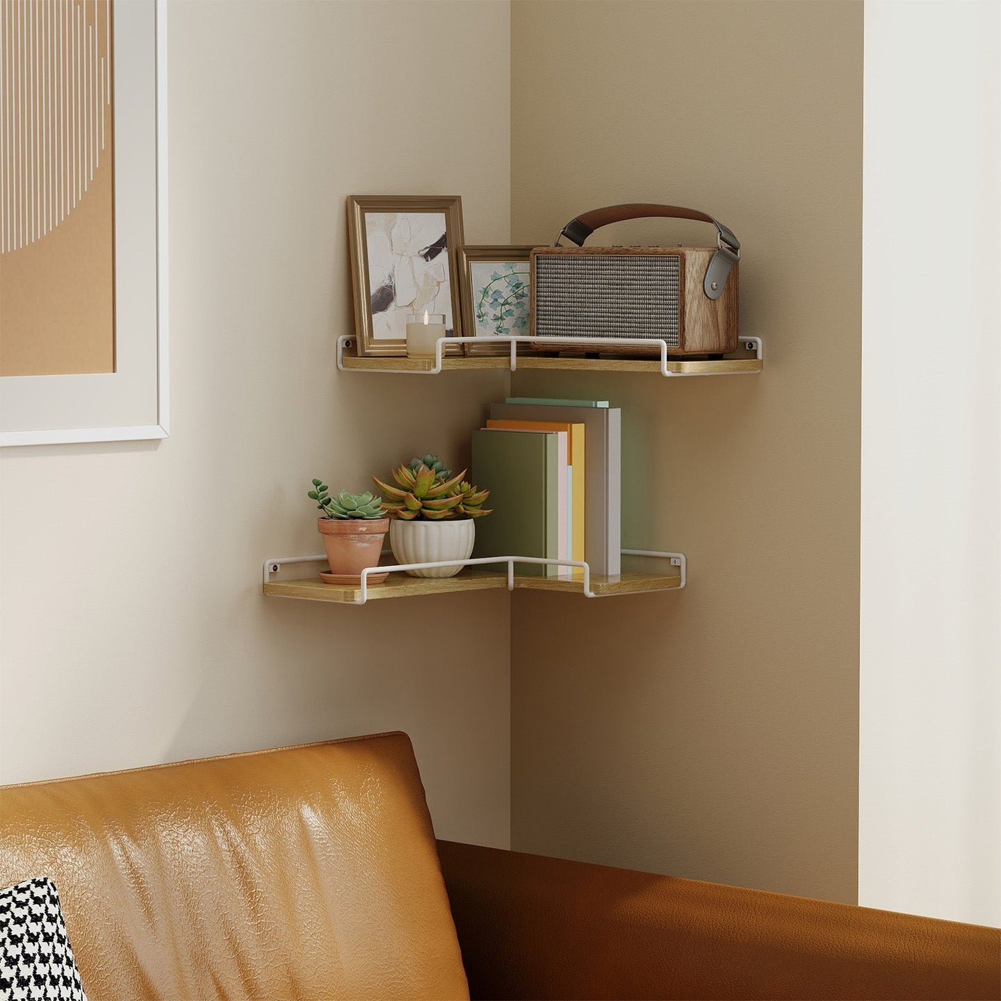Set of 2 Floating L-Shaped Corner Shelves - Wood - Cloud White