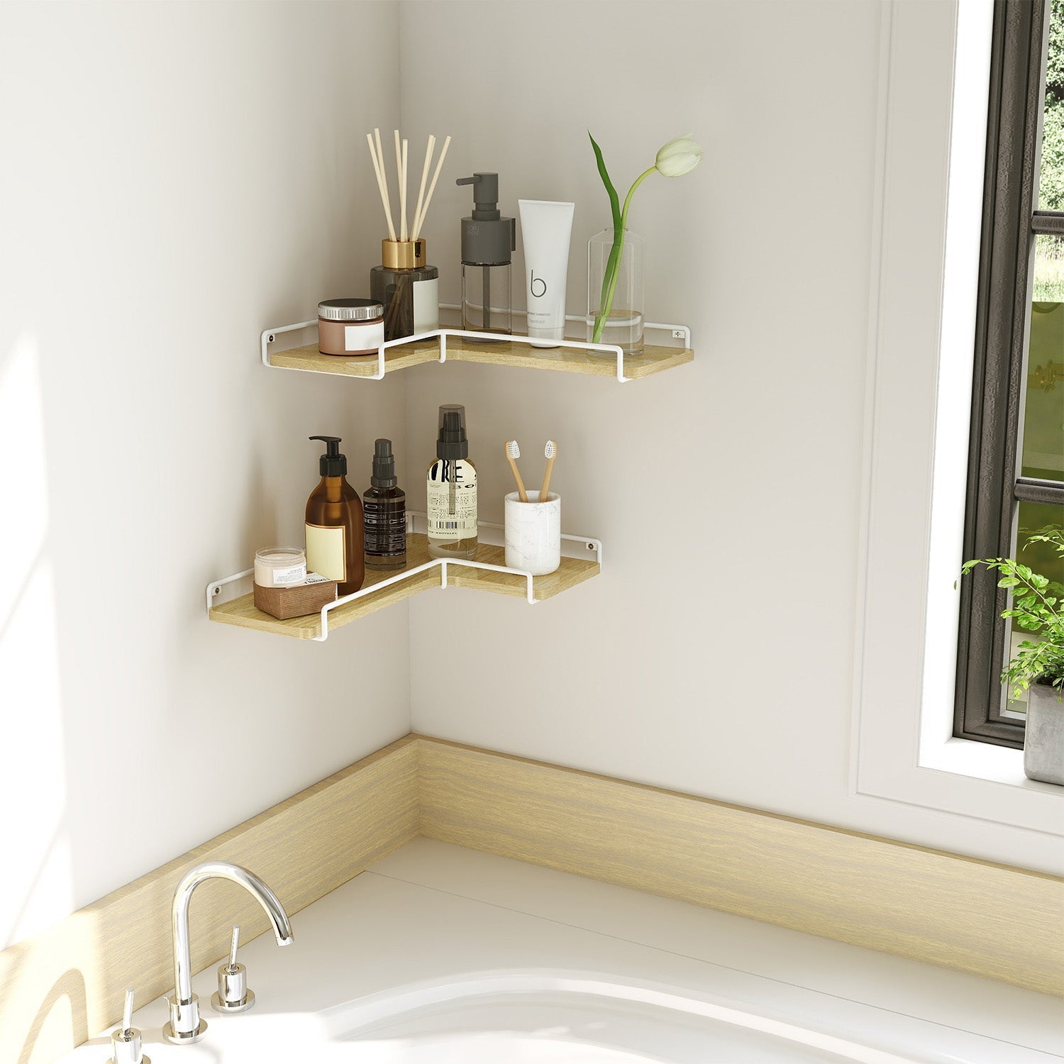 Set of 2 Floating L-Shaped Corner Shelves - Wood - Cloud White