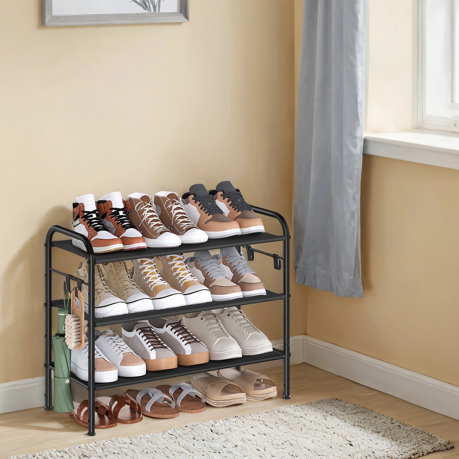 Shoe Rack - Fabric - Gray - 3-Tier Organizer with Hooks