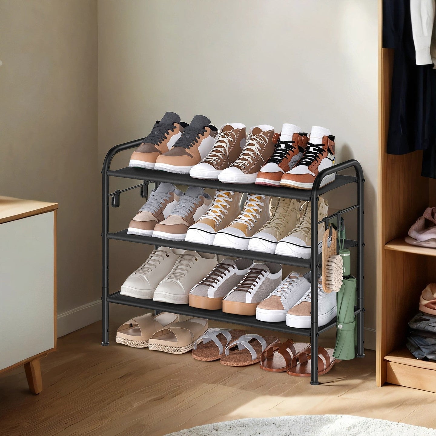 Shoe Rack - Fabric - Gray - 3-Tier Organizer with Hooks