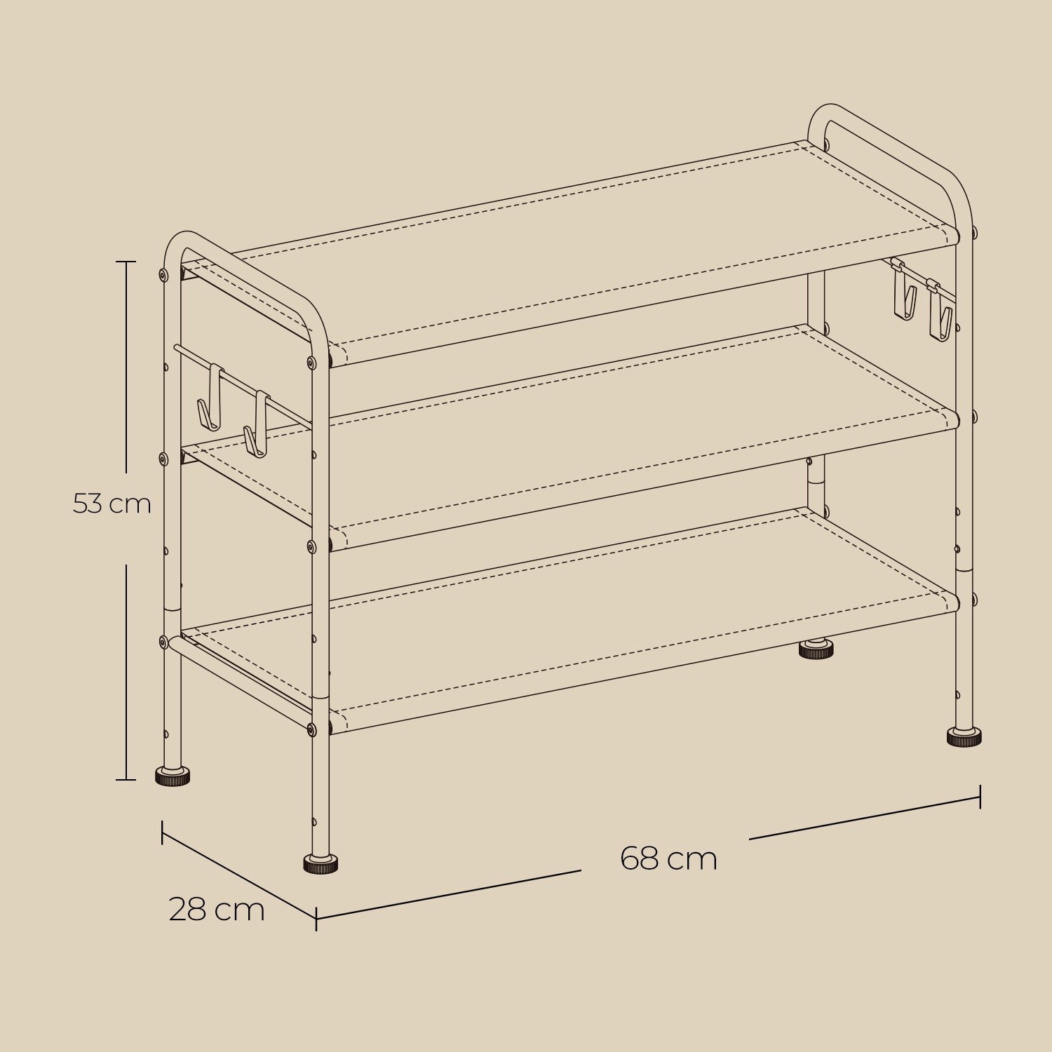 Shoe Rack - Fabric - Gray - 3-Tier Organizer with Hooks