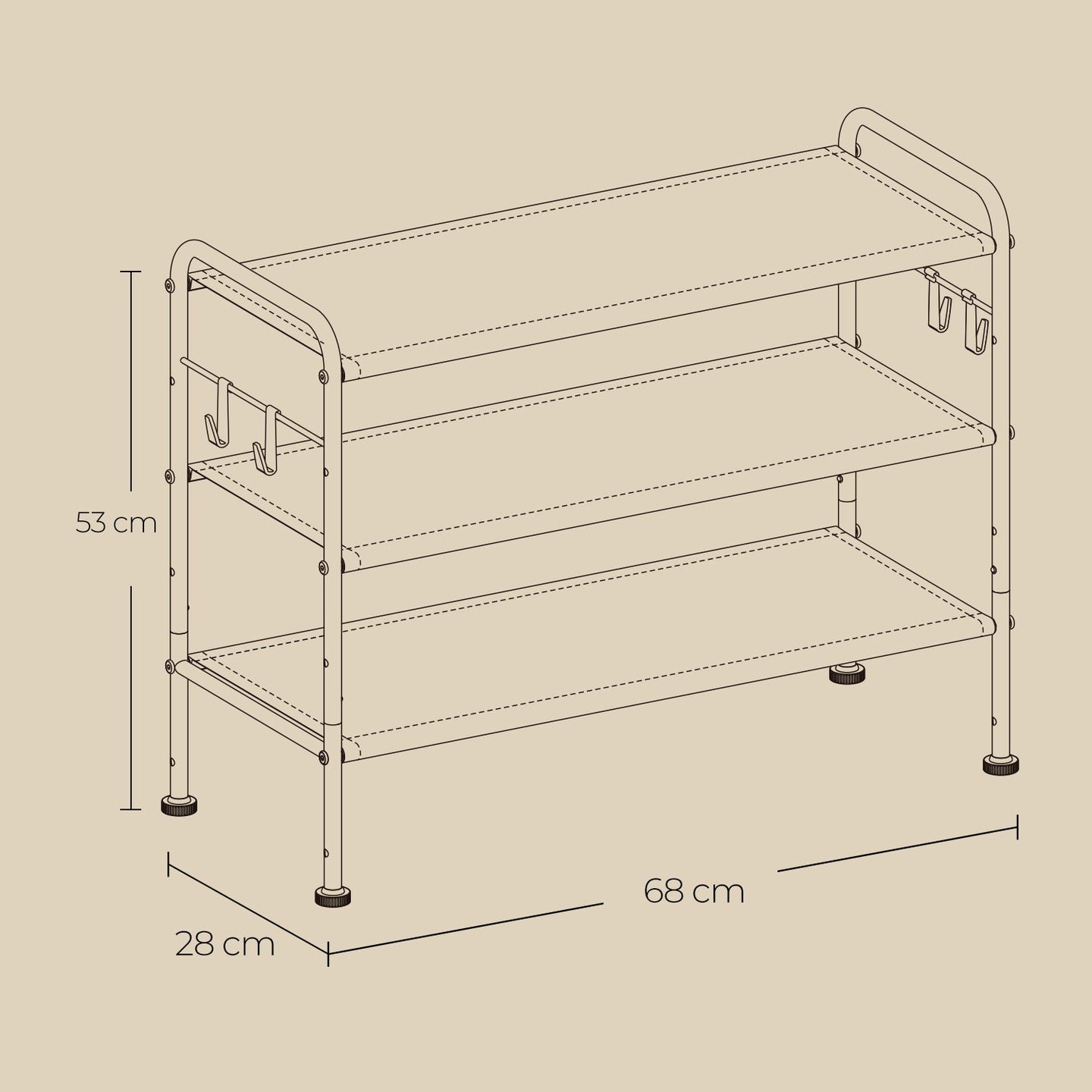 Shoe Rack - Fabric - Gray - 3-Tier Organizer with Hooks