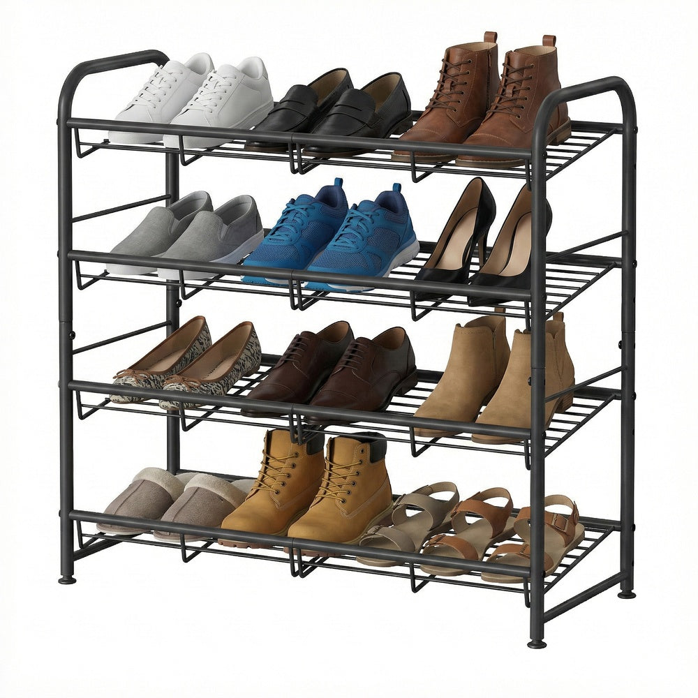 4-Tier Shoe Organizer - Holds Up to 12 Pairs - Metal - Adjustable