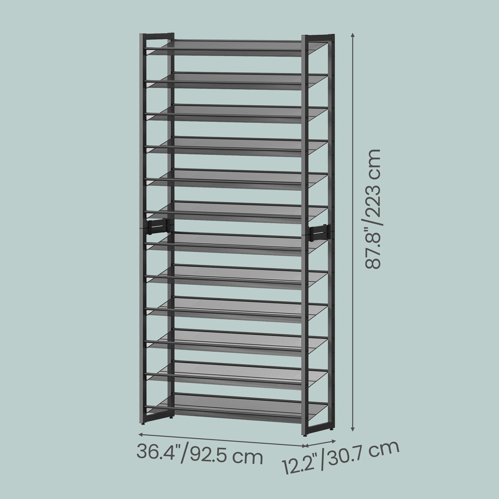 12-Tier Shoe Rack - Metal - Black - Adjustable Shelves for 48-60 Pairs