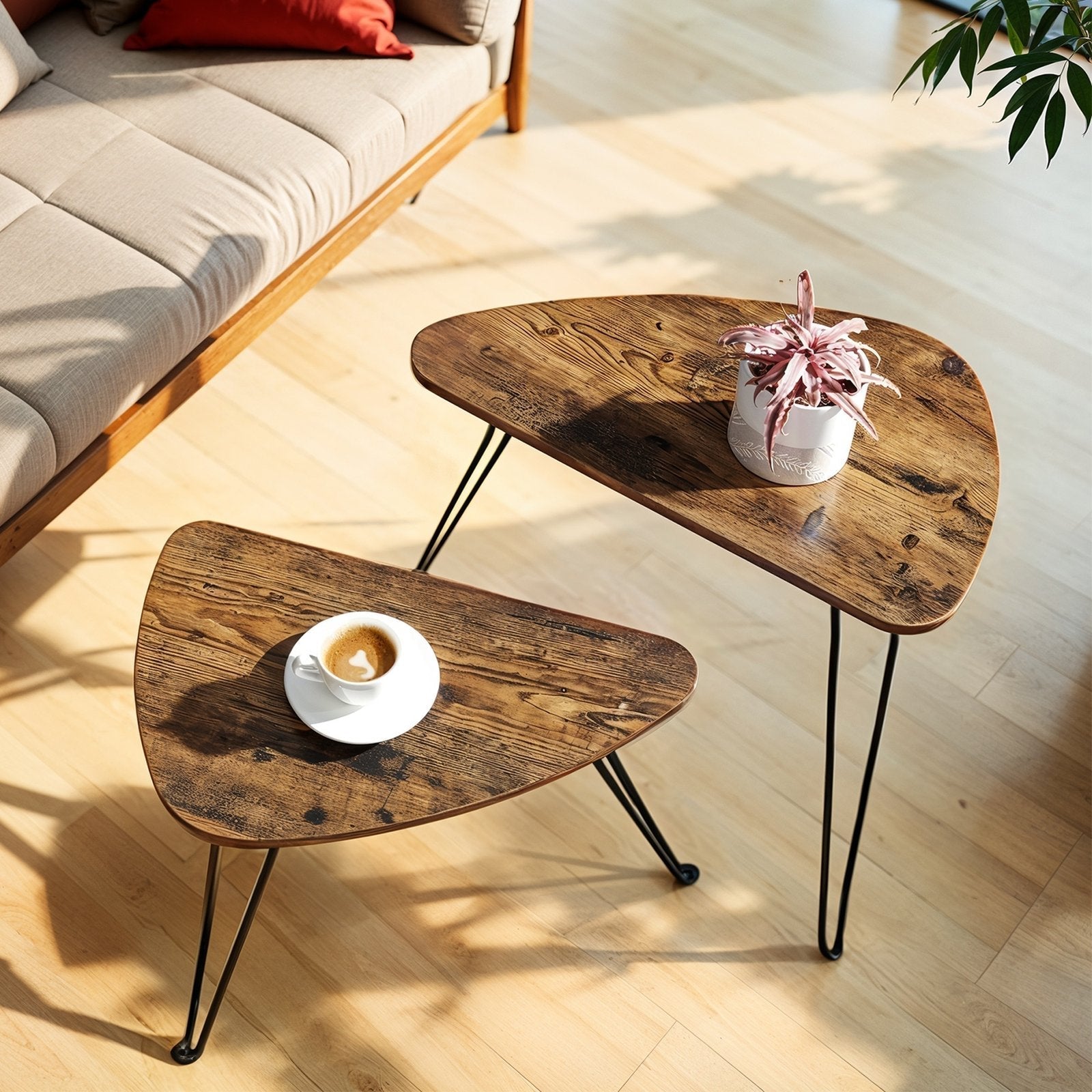 Set of 2 Nesting Side Tables - Wood - Rustic Brown and Black
