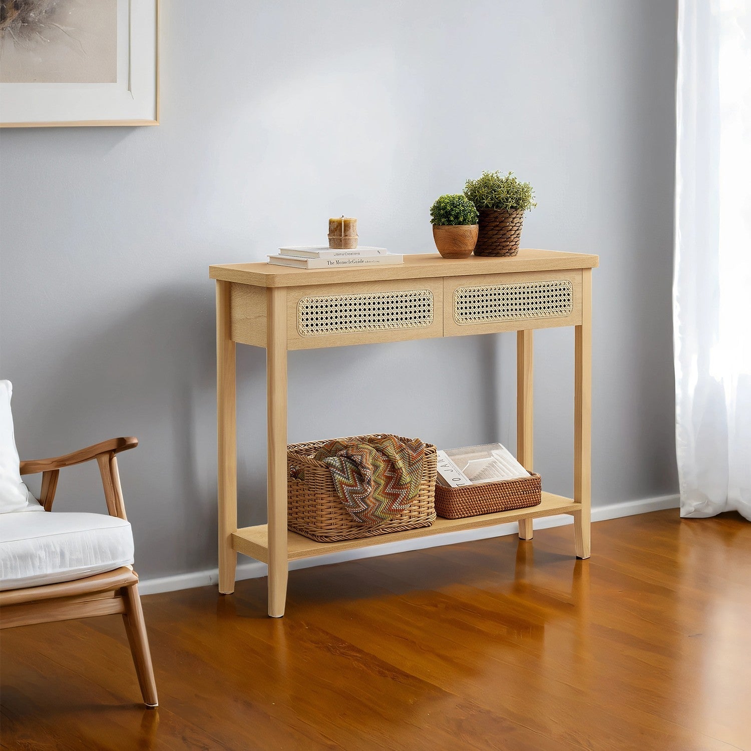 Console Table - Wood - Natural Finish - Slim Design with 2 Drawers and Open Shelf