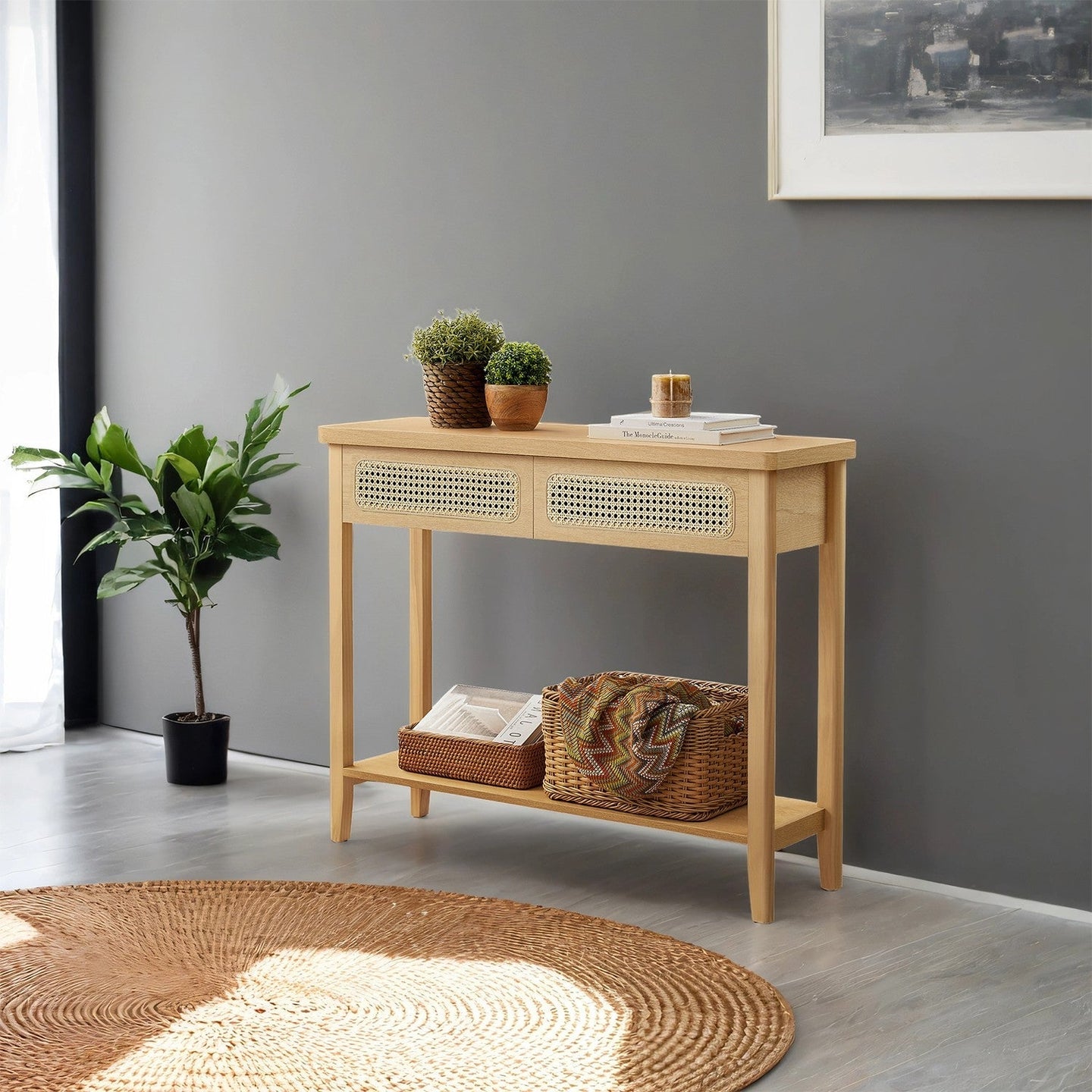 Console Table - Wood - Natural Finish - Slim Design with 2 Drawers and Open Shelf