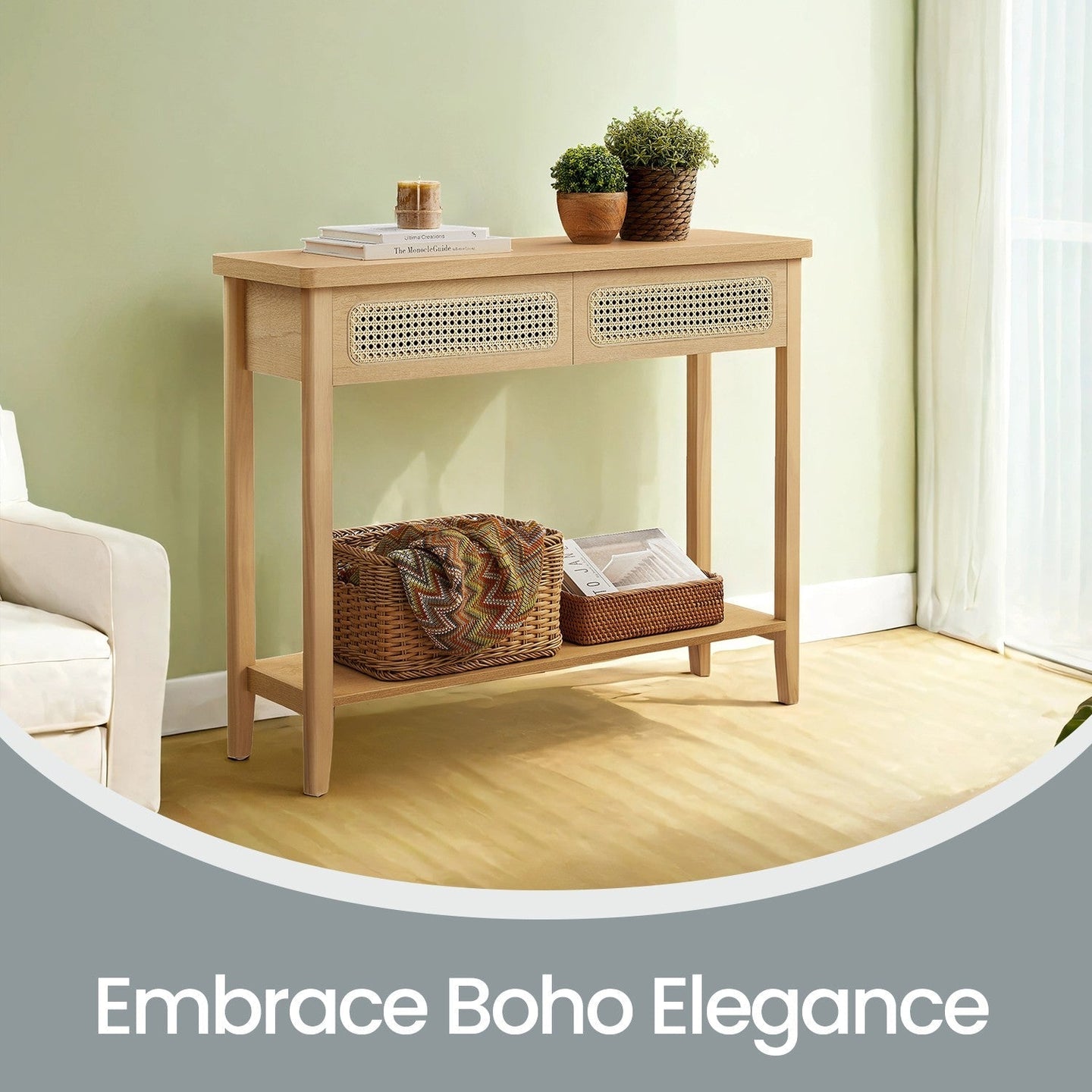 Console Table - Wood - Natural Finish - Slim Design with 2 Drawers and Open Shelf