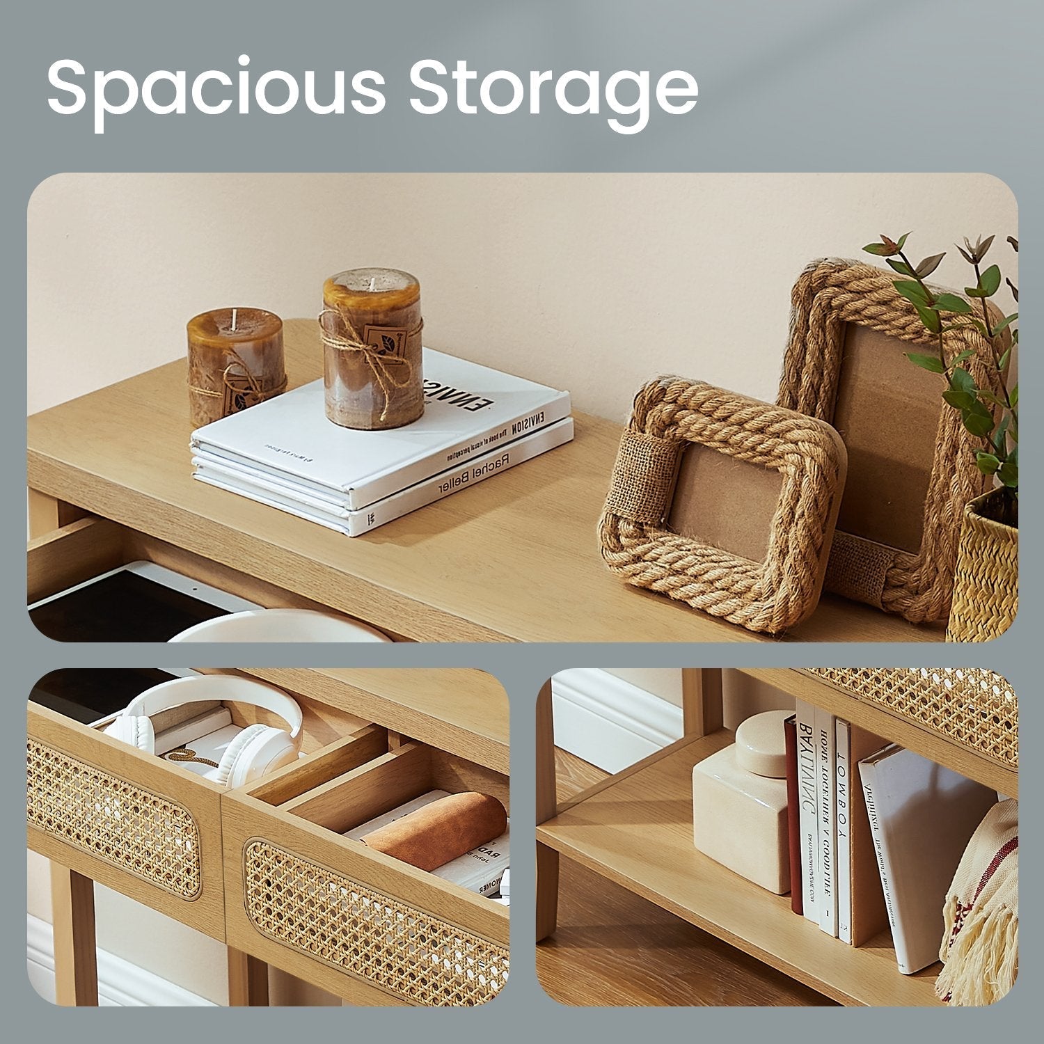 Console Table - Wood - Natural Finish - Slim Design with 2 Drawers and Open Shelf