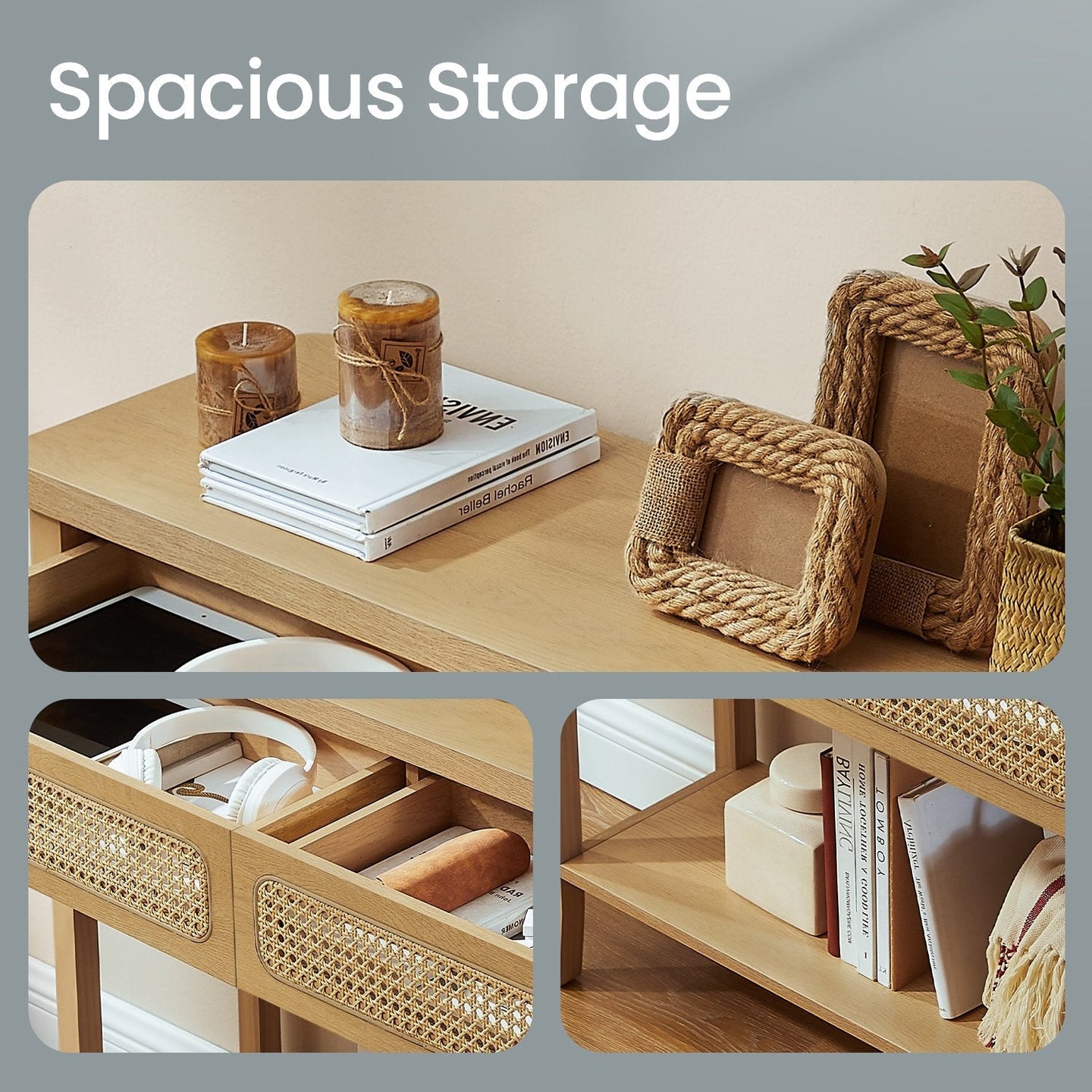 Console Table - Wood - Natural Finish - Slim Design with 2 Drawers and Open Shelf