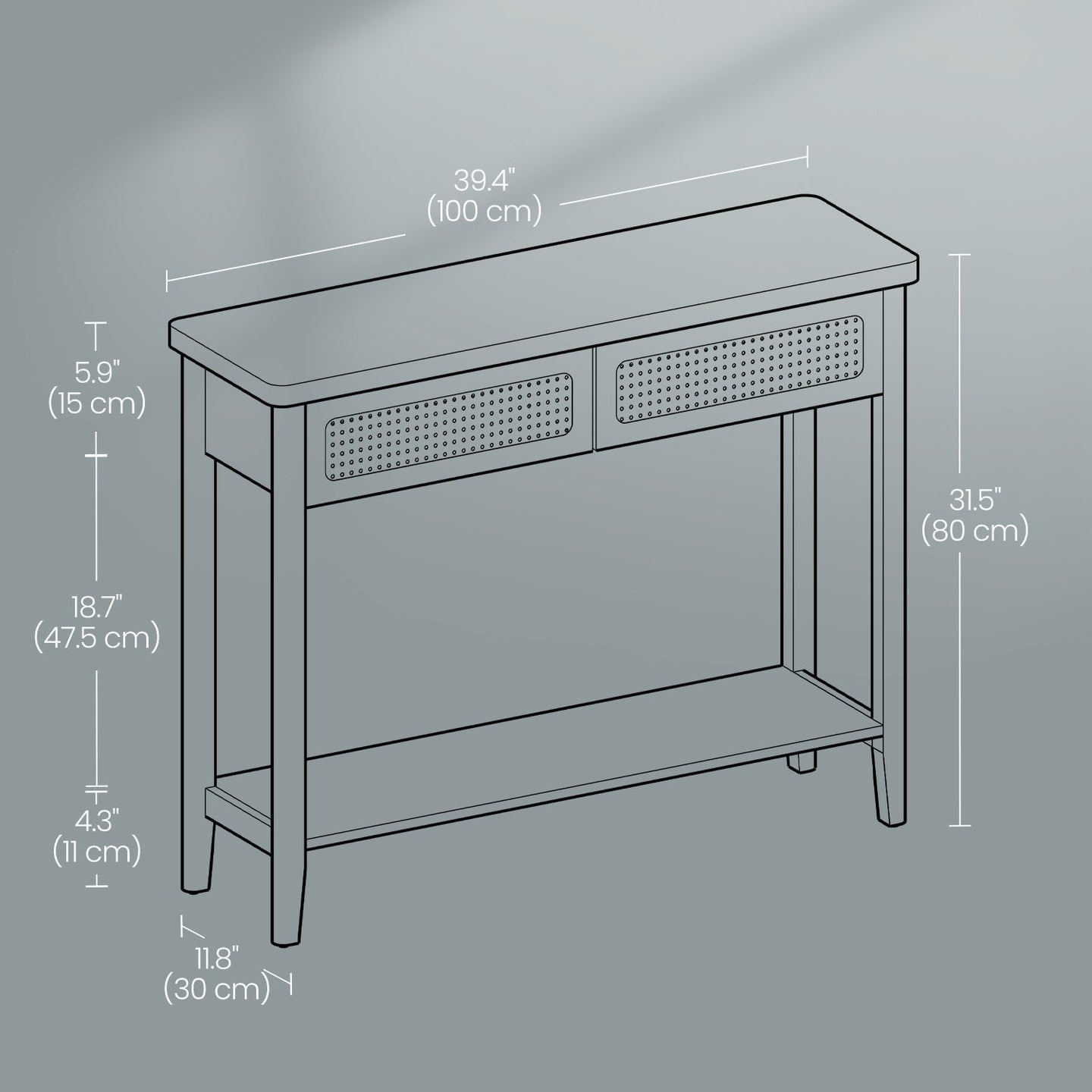 Console Table - Wood - Natural Finish - Slim Design with 2 Drawers and Open Shelf