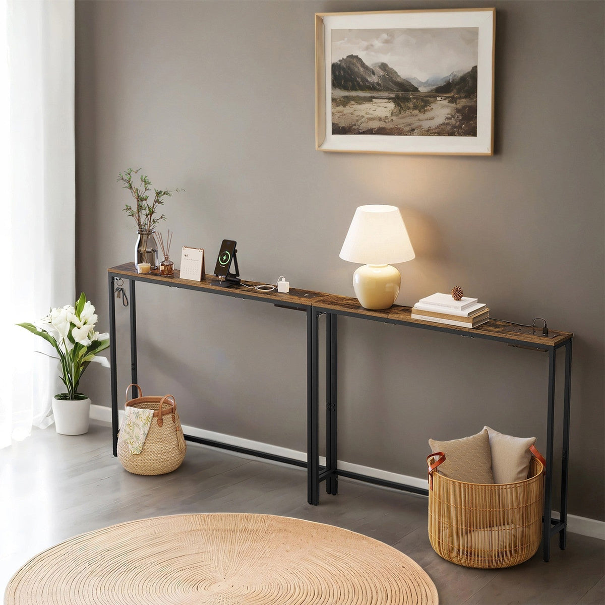 Console Tables - Wood - Rustic Brown - Built-In Charging Station