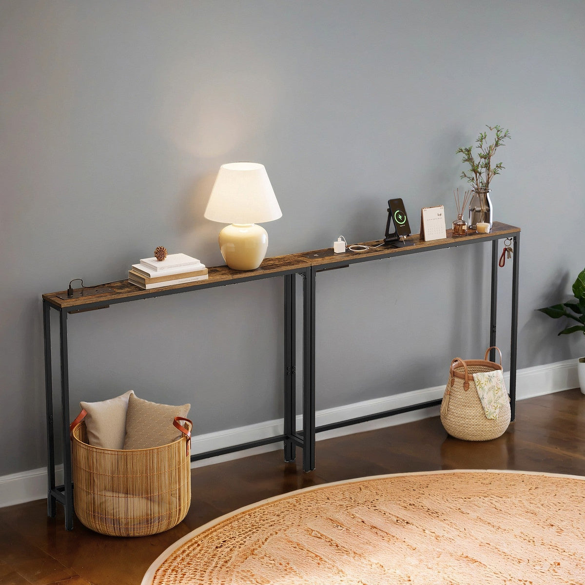 Console Tables - Wood - Rustic Brown - Built-In Charging Station