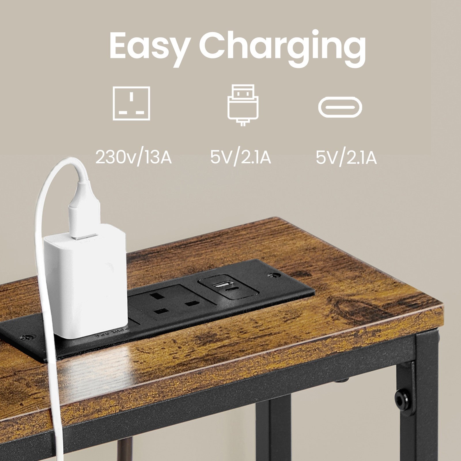 Console Tables - Wood - Rustic Brown - Built-In Charging Station