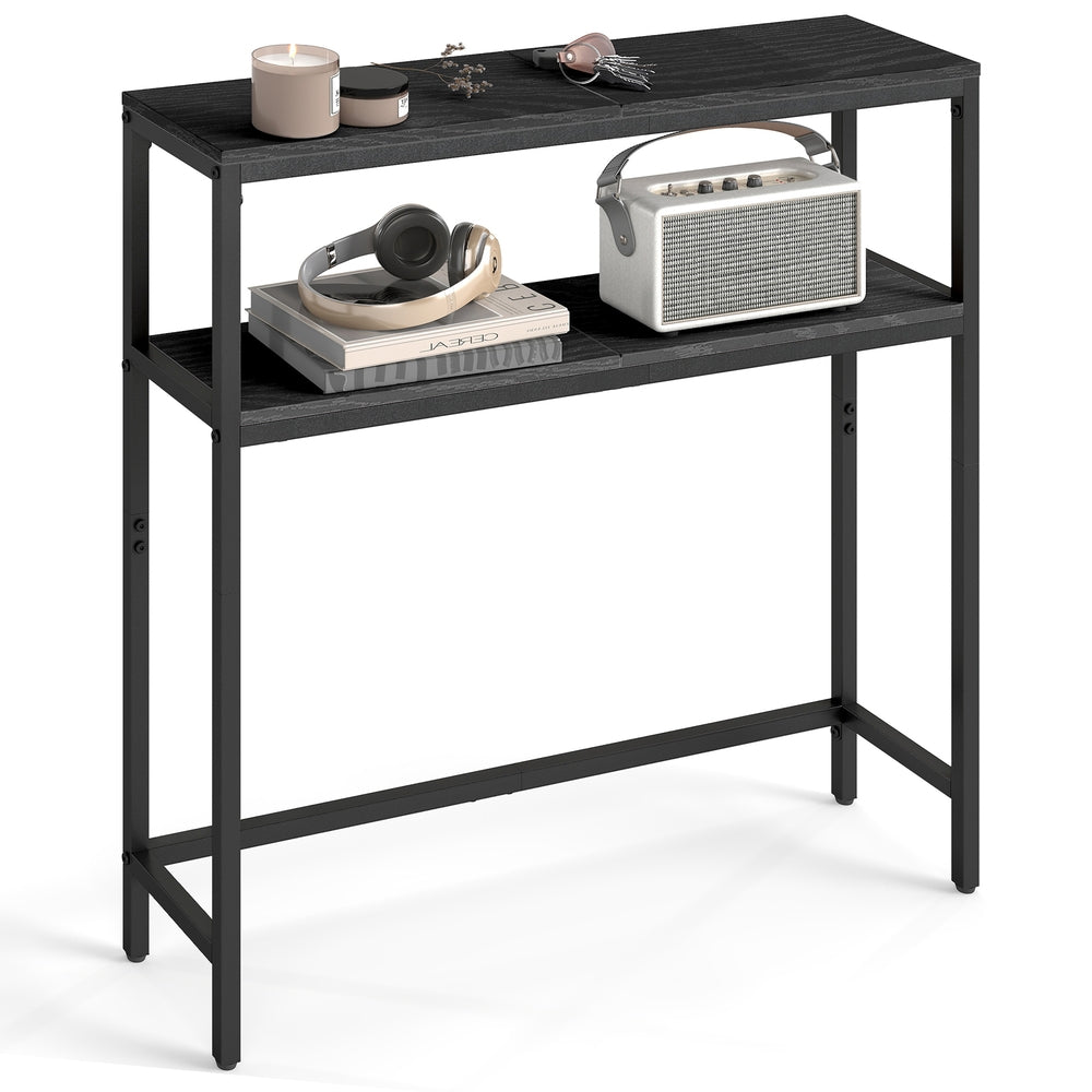 2-Tier Slim Sofa Table for Hallway - Wood and Steel - Charcoal Grey And Ink Black