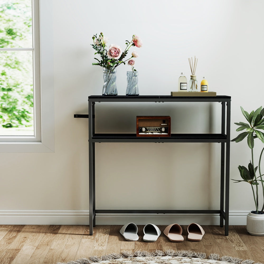2-Tier Slim Sofa Table for Hallway - Wood and Steel - Charcoal Grey And Ink Black