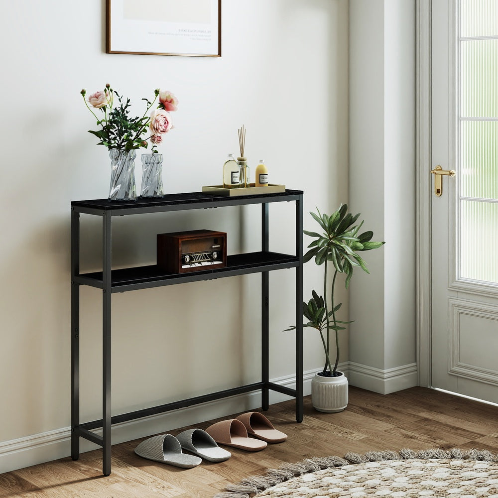2-Tier Slim Sofa Table for Hallway - Wood and Steel - Charcoal Grey And Ink Black